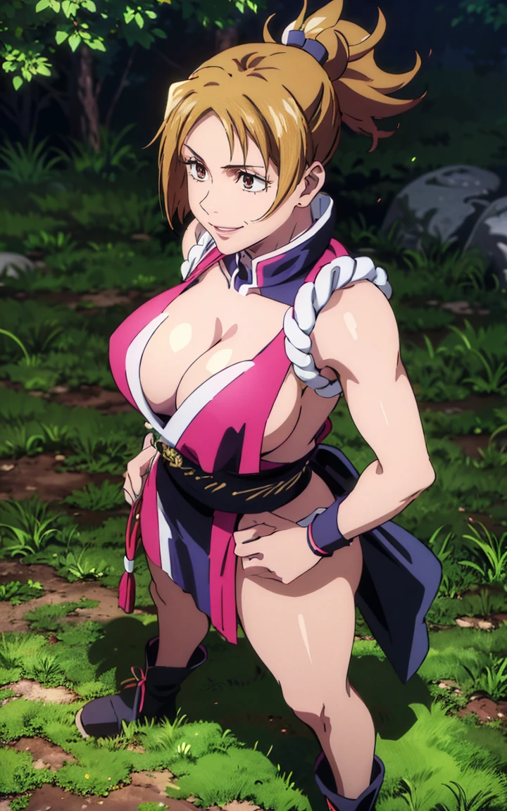 Best Quality:1.3), (4k画质), Sugisaki Nohara of Jujutsu Kaisen, ((Detailed face)),((Smile)), (()), (Big breasts), Sexy, (( cut hair )), ((Mai Shiranui's cleavage'Costumes)), ((Standing posture))