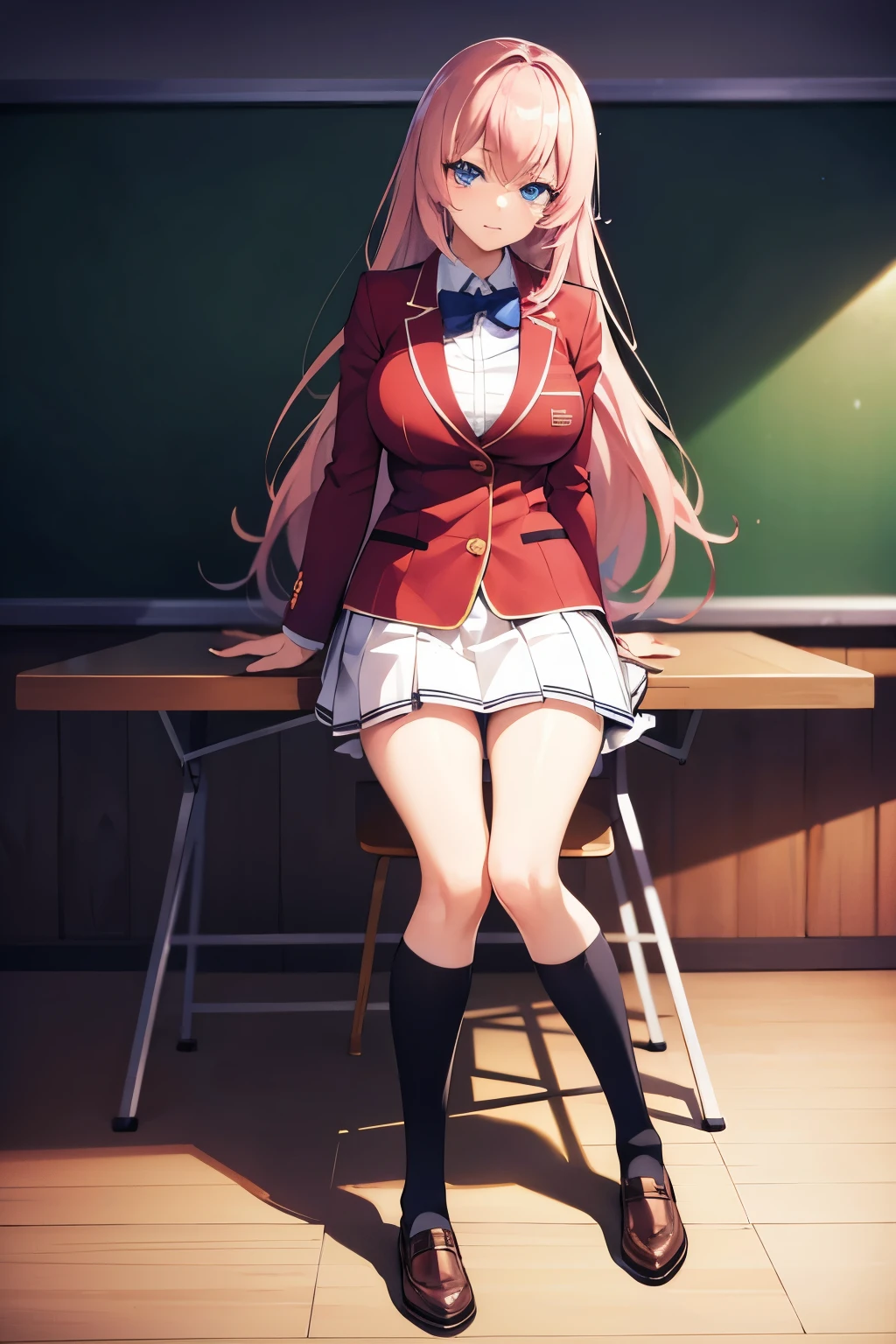 Ichinose Honami, long hair, pink hair, blue eyes, NSFW, school uniform, blue bowtie, blazer, red jacket, long sleeves, pleated skirt, white skirt, BREAK looking at viewer, close-up, 
BREAK indoors, classroom,
BREAK (masterpiece:1.2), best quality, high resolution, unity 8k wallpaper, (illustration:0.8), (beautiful detailed eyes:1.6), extremely detailed face, perfect lighting, extremely detailed CG, (perfect hands, perfect )