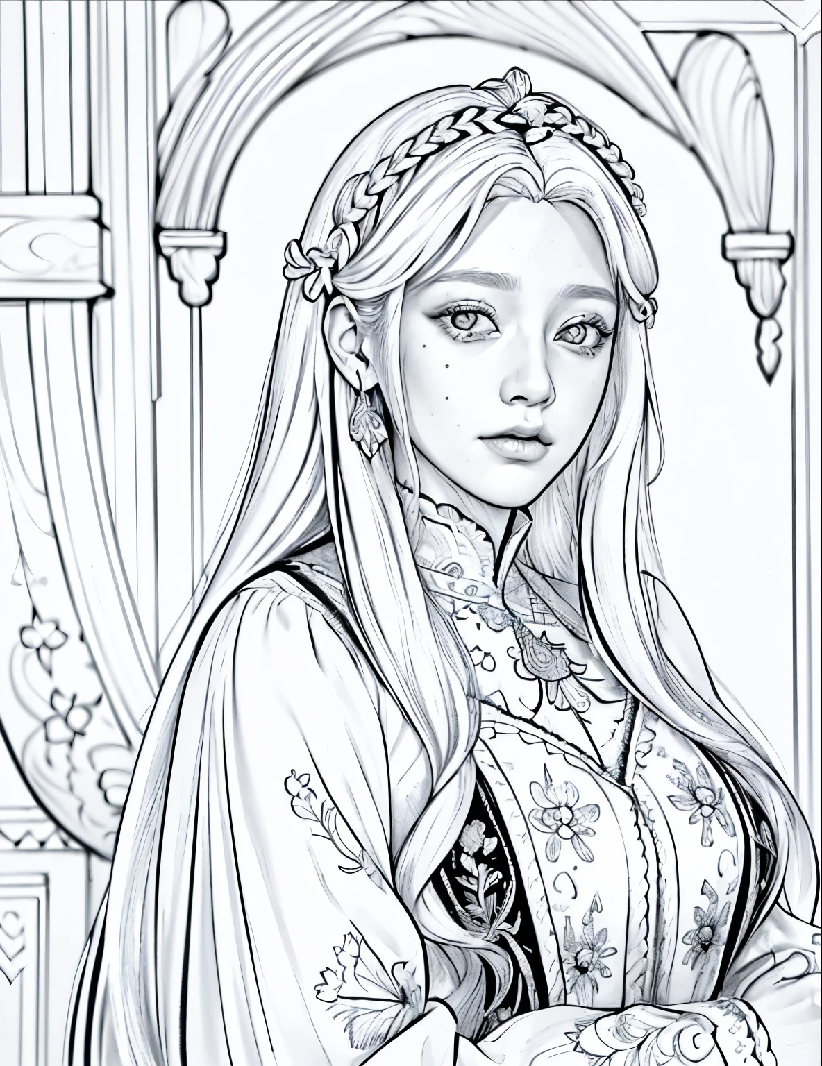 1girl ( woman:1.2) gold lines, (very_long_hair, white_hair:1.ortrait:1.3) ganster (coloring book, masterpiece, realistic:1.3), (extremely intricate:1.2), (sketch, doodles, monochrome, lineart:1.2) front view, symmetric, chin up, looking in the camera with a serene bliss, dynamic angle, dutch angle, hands grabbing the chest , gold ornaments