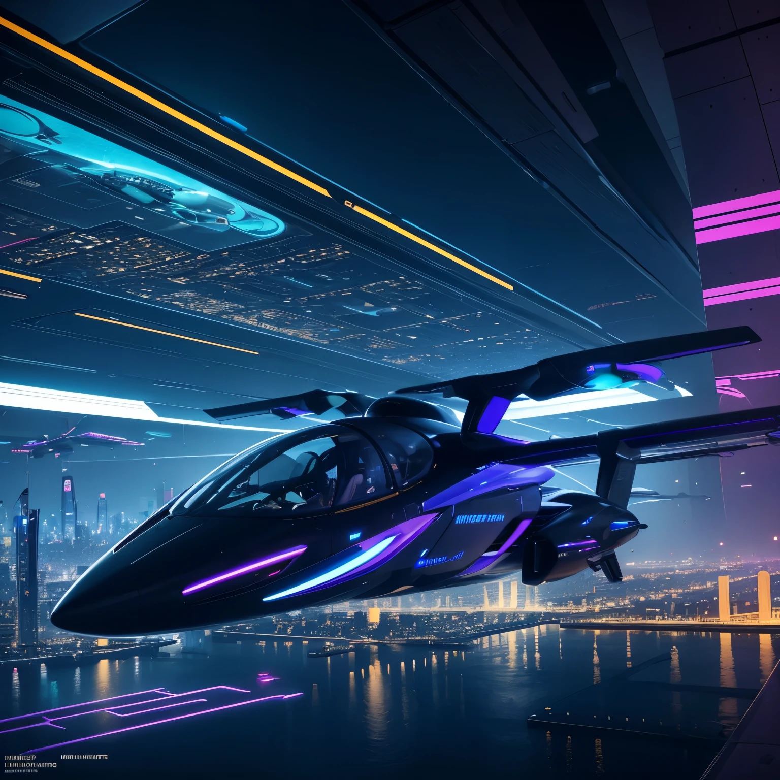 Ville de nuit, Cyberpunk,Grand immeuble, an air route with a flying taxi, The colors are based on blue, ((futuriste)) et (mechanical) environnement, 4K