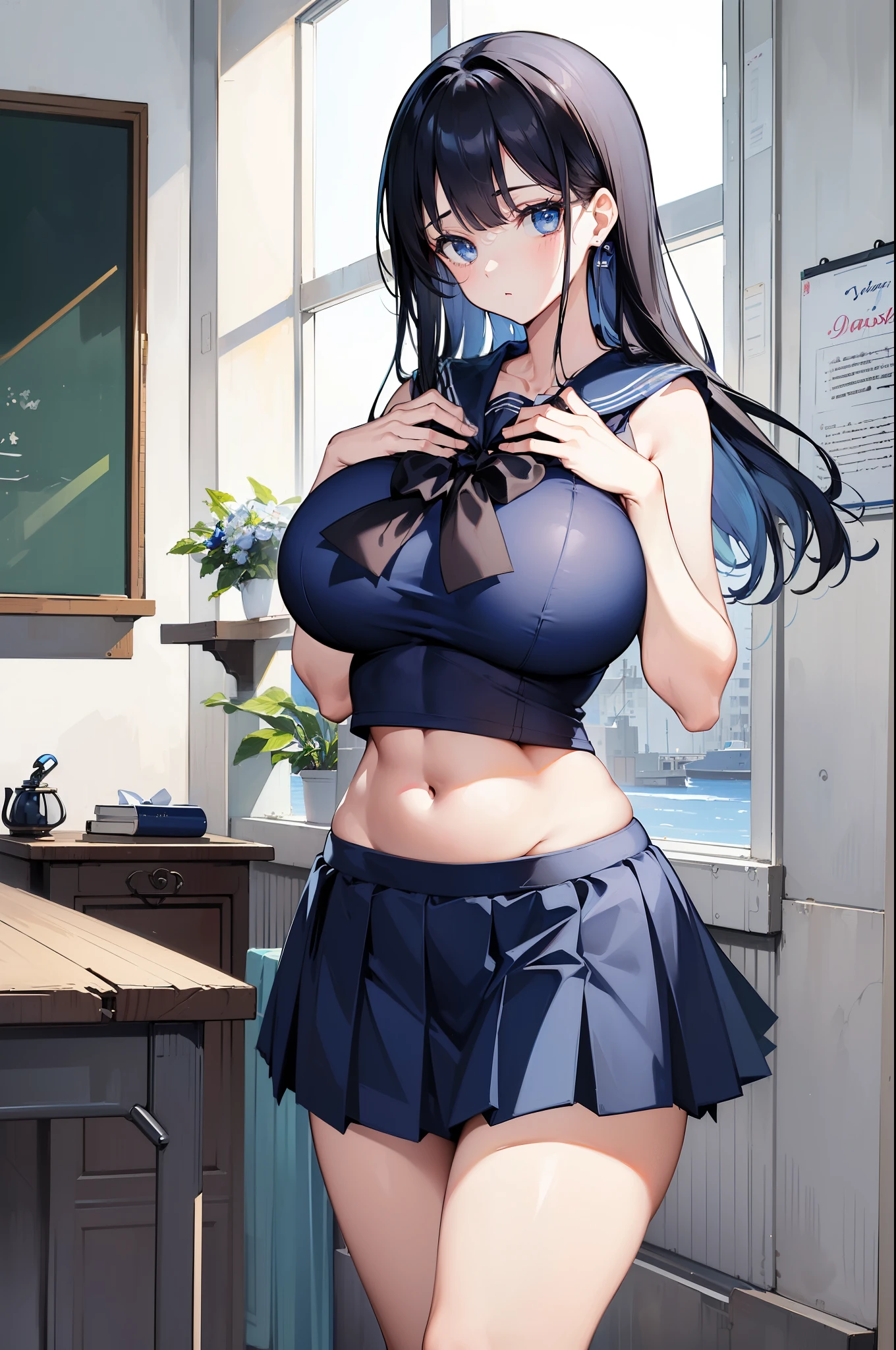 (top-quality), (((masterpiece))), (2girl), A sexy, Big body, black hair, (beautiful blue eyes), (perfect eyes), ((neat sailor suit)), Navel exposed, classroom, ((gigantic breasts)), ((neat navy blue skirt)), mini skirt, (neat sailor ribbon), ((perfect fingers)), (perfect anatomy), (perfect face)
