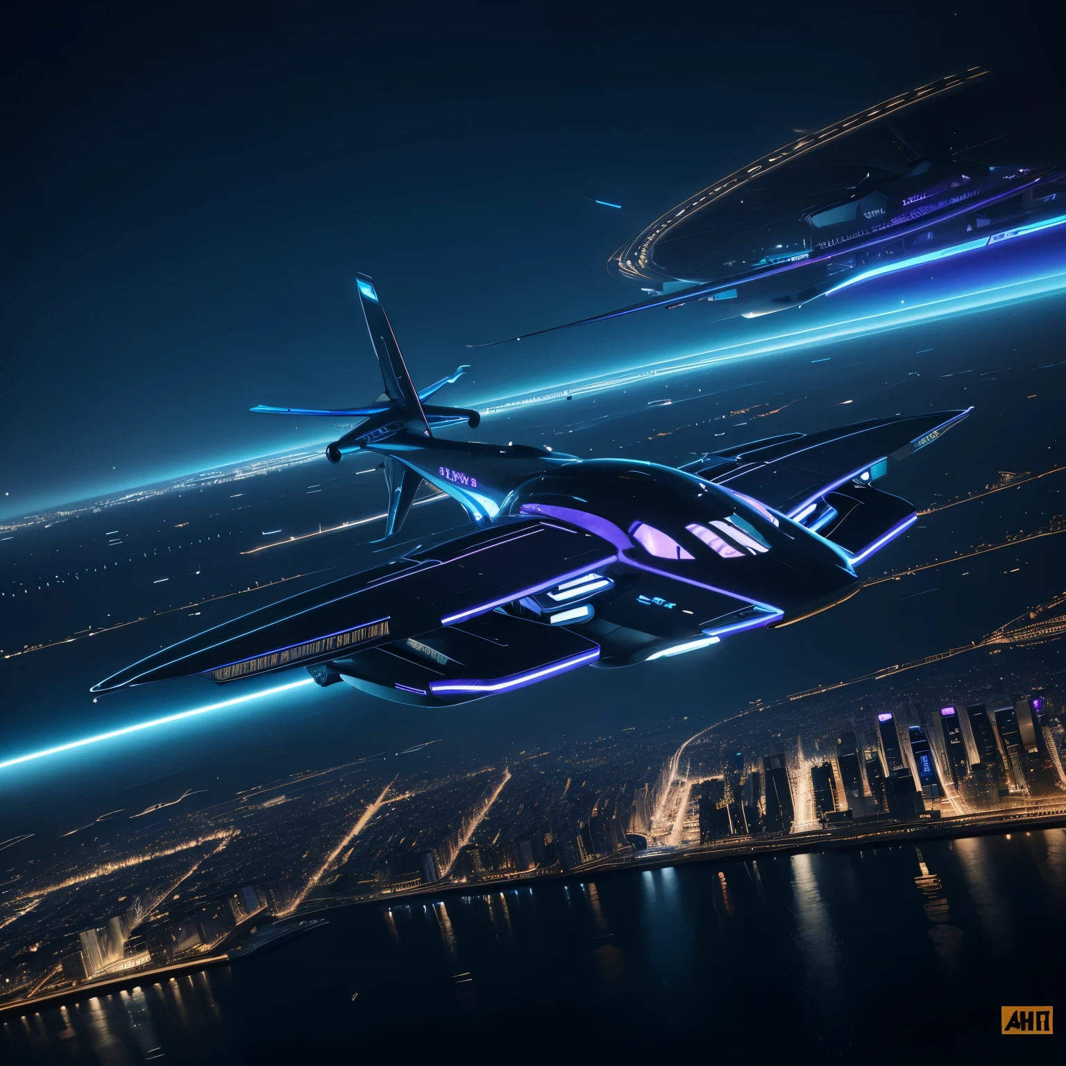 Ville de nuit, Cyberpunk,Grand immeuble, an air route with a flying taxi, The colors are based on blue, ((futuriste)) et (mechanical) environnement, 4K