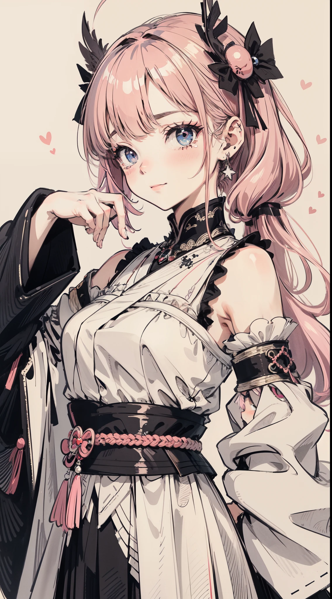 From the lower side Black silk,Portrait,close-up,Upper body,Pleated skirt,Heterochromia, ukiyoe painting,Poncho,,{Best Quality}, {{masutepiece}}, {hight resolution}, Original, Very detailed 8k wallpaper, {extremely delicate and beautiful},,Zoom Layer,monochromes,Flat color,intricate detailes,Flat Shading, Flat color,Minimalist lines,GRAPHITE (mediating) ,Petite,a beauty girl,Young Girl,crossed bangs,Ahoge,Side_poneyTail,Split color hair,Colored tips,Medium Hair,Striped hair,Blue_Eyes,Crystal Pink_hair,Pink_hair,view the viewer,Looking Up,Seductive smile ,Raised eyebrows,Tears,blush,embarrassed,aquagradient eyes,small tit,Hair Ribbon,hair adornments,hair rings,hair stick,shairband,