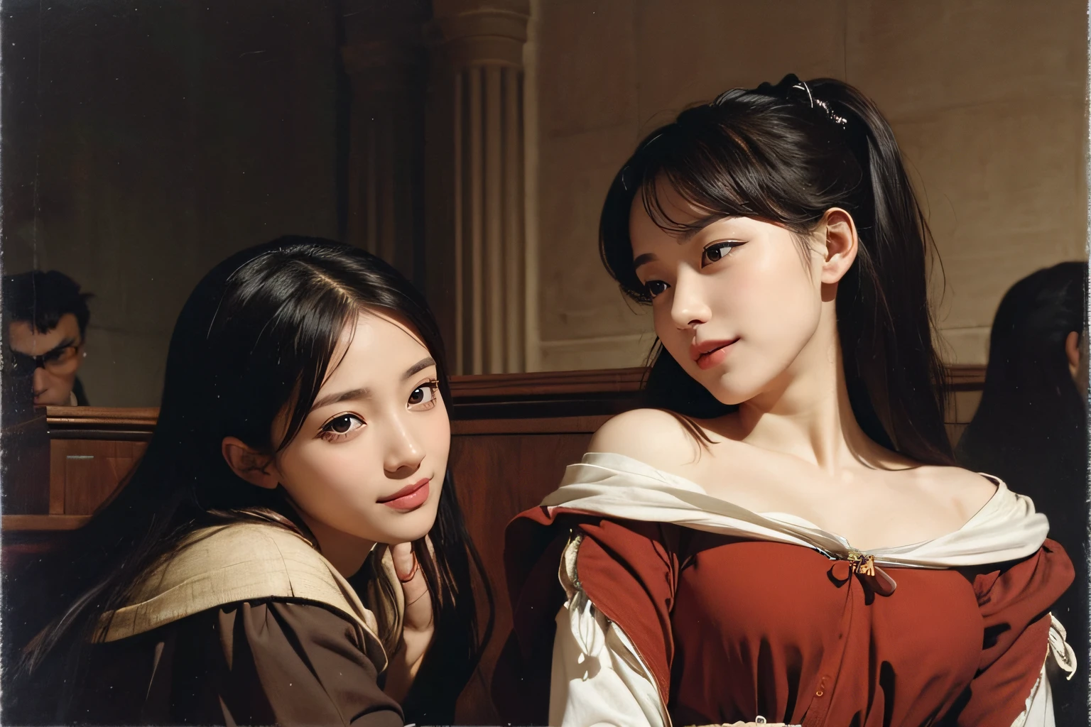 Ancient Roman landscape in the style of Poussin,A smile,,Sweet and seductive appearance.、Caravaggio's paintings、Chiaroscuro of Caravaggio、Hair disheveled in the wind,Two women frolicking,Cute smile, Expression of ecstasy,A sexy,erotick