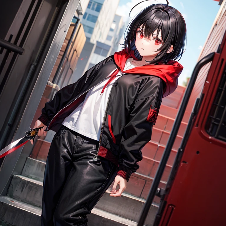 A dark-haired、short-hair、Black hoodie、red hoods、Black pants、(knifes)、red eyes、Neutral face、Ahoge、(soio)、stairs at school