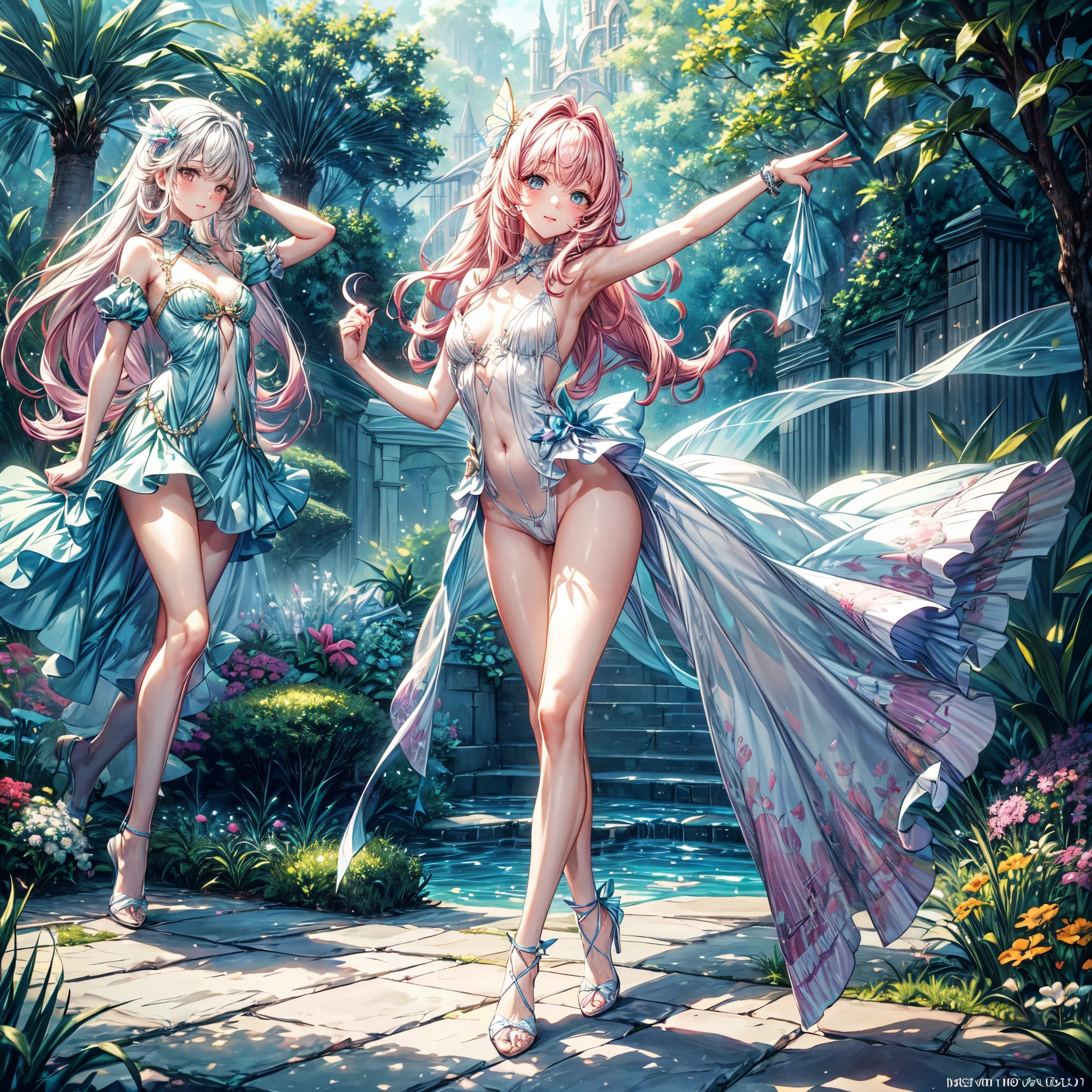 (best quality, 8k, masterpiece:1.2, nsfw ), Cutest,Cute girl, mesugaki, Beautiful face, Beautiful eyes, Beautiful hair, Light pink hair, Lots of colorful flowers, sunshine, peaceful garden, summer dress, smiling, golden hour lighting, vibrant colors, happy expression,　
soft breeze, gentle makeup, freckles, blonde hair, flowing dress, pastel colorairytale atmosphere, fluttering butterflies, dreamy atmosphere), vivid greenery, (Showing a delicate slim figure and graceful curves, beautiful long thin legs, smooth legs muscle, thin legs, slender legs:1.3), smile, posing like an angel,