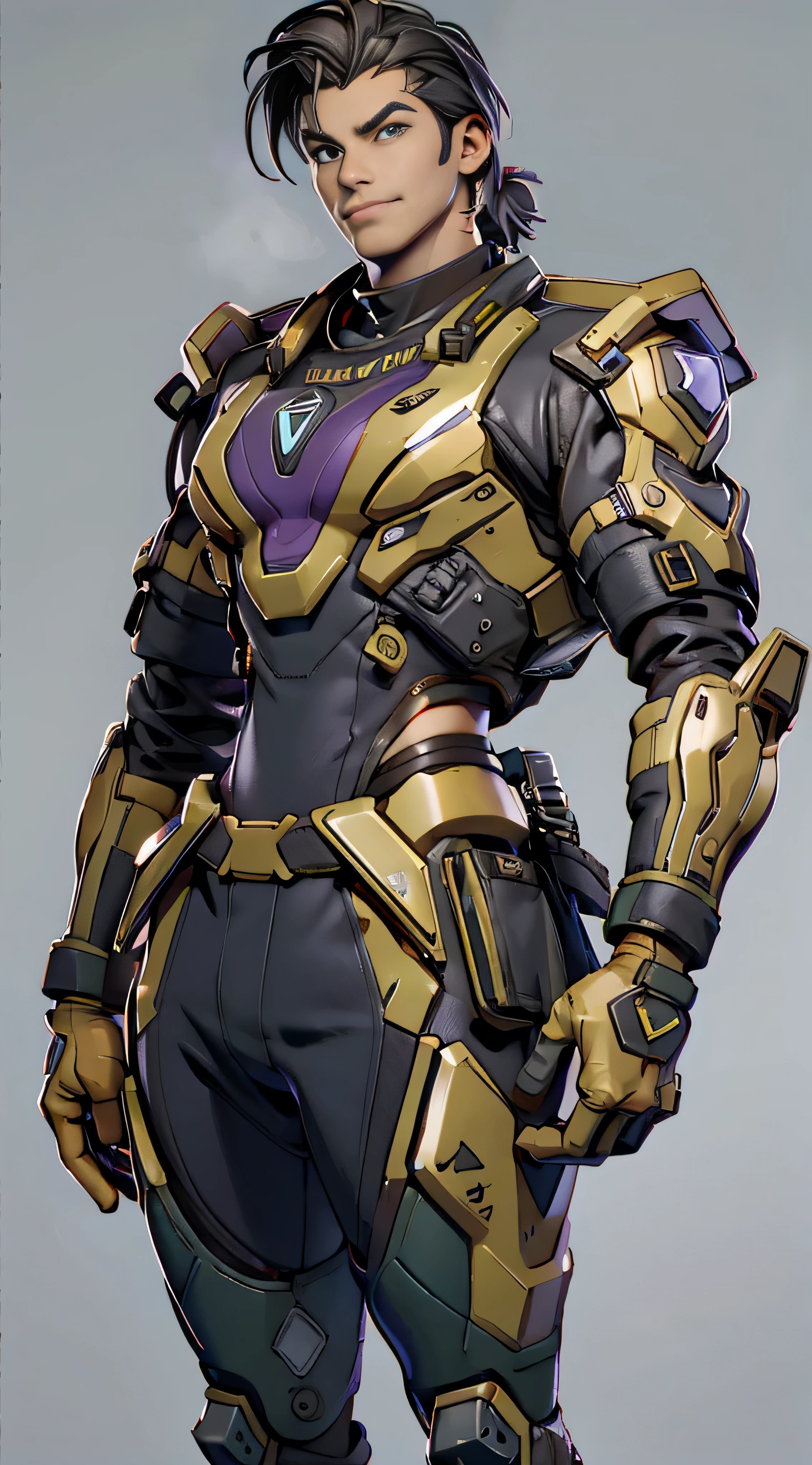 11:23(((Best quality: 1.4))),(Unbeatable masterpiece), (hyper HD),(Hyper-realistic 8k CG)、（dark colored hair）（Shoulders and arms equipped with technical equipment))), (((1 young person))),The 35-year-old American soldier has a perfect figure,,delicated face,heavy muscular figure:1.2,Solid royal gray jacket with details, (Pictures from head to thighs)， Complex equipment, Purple coat，long trousers，The clothes inside are dark，Clothes with metal technical parts,Tech Armor )