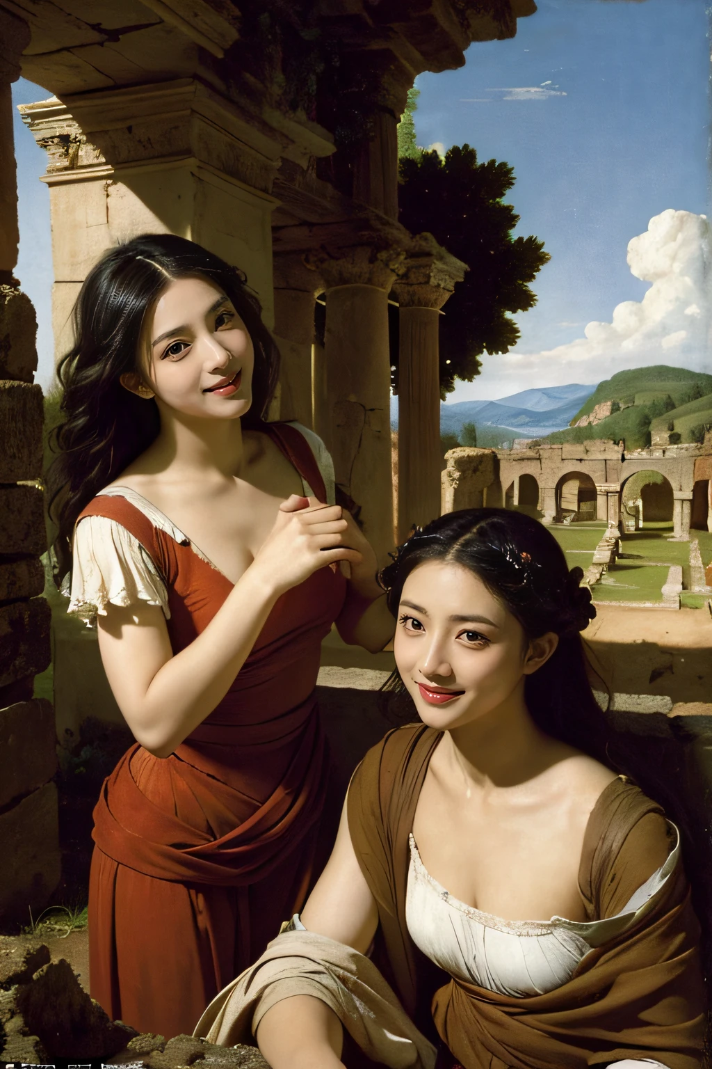 Ancient Roman ruins,Poussin-style landscape,A smile,,Sweet and seductive appearance.、Caravaggio's paintings、Chiaroscuro of Caravaggio、Hair disheveled in the wind,Two women frolicking,Cute smile, Expression of ecstasy,A sexy,erotick