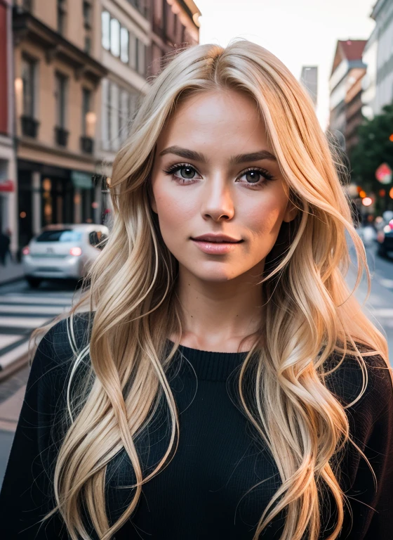 Professional portrait photo of a beautiful Norwegian girl with long wavy blond hair, sultry flirtatious look, Sommersprossen, Beautiful symmetrical face, cute natural makeup, Standing outside in the city street