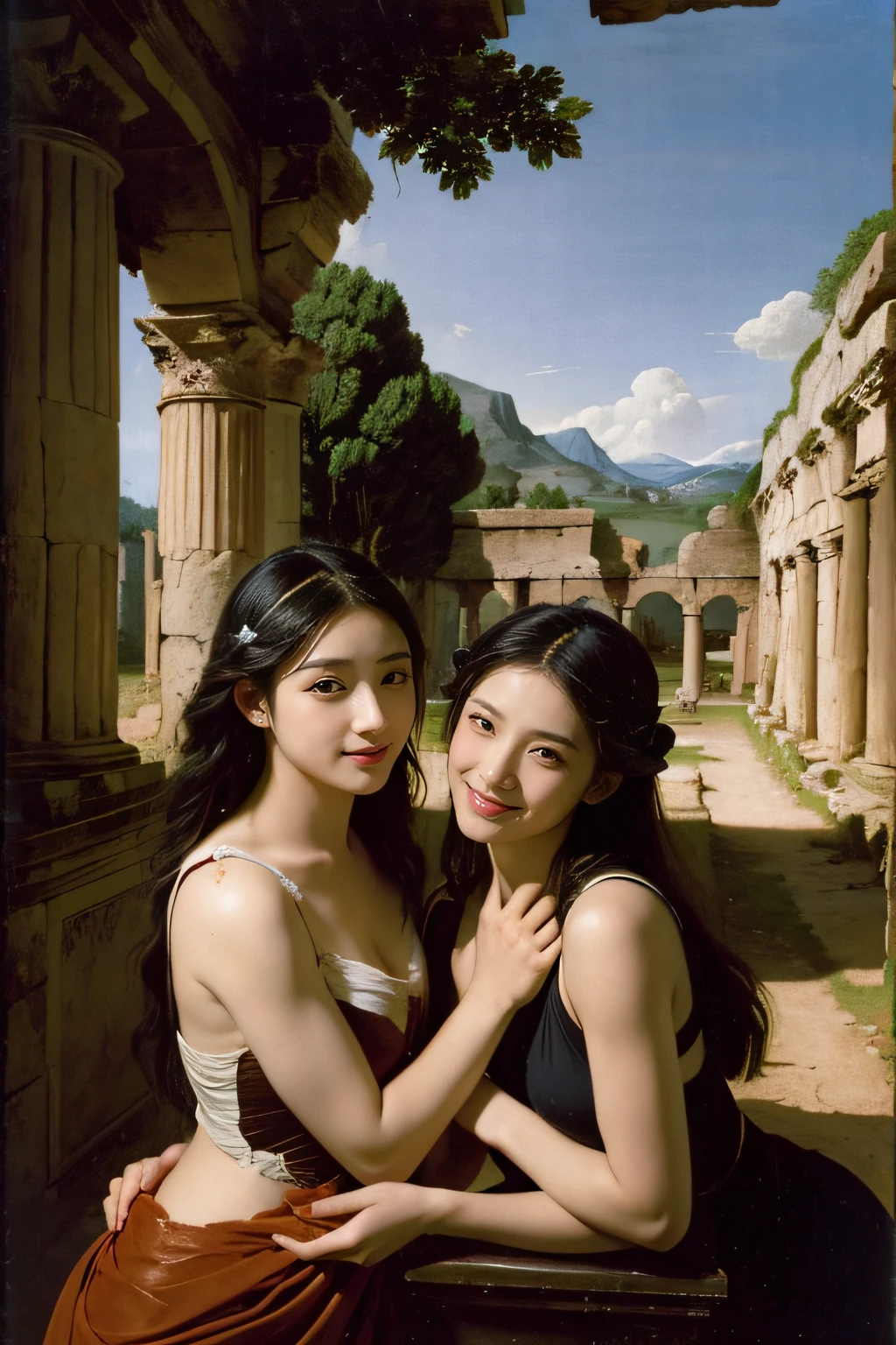 Ancient Roman ruins,Poussin-style landscape,A smile,,Sweet and seductive appearance.、Caravaggio's paintings、Chiaroscuro of Caravaggio、Hair disheveled in the wind,Two women frolicking,Cute smile, Expression of ecstasy,A sexy,erotick