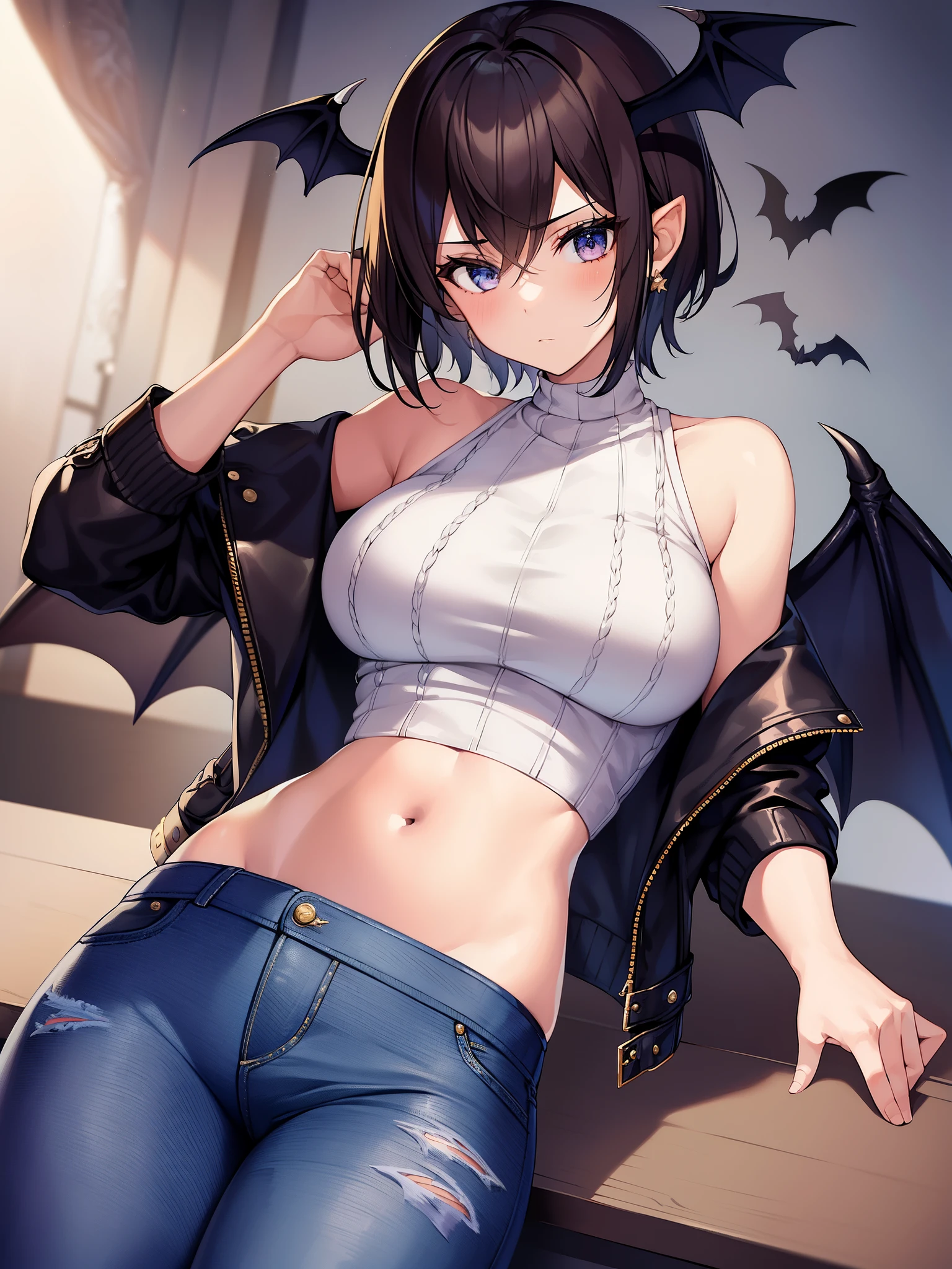 masterpiece, high quality,1girl,solo,middle breast , short hair, (hair between eyes),(00BFFE pixie cut), Bat wings, Disappointed face,(Embroidered sweater, Cropped flare jeans, Leather blazer)