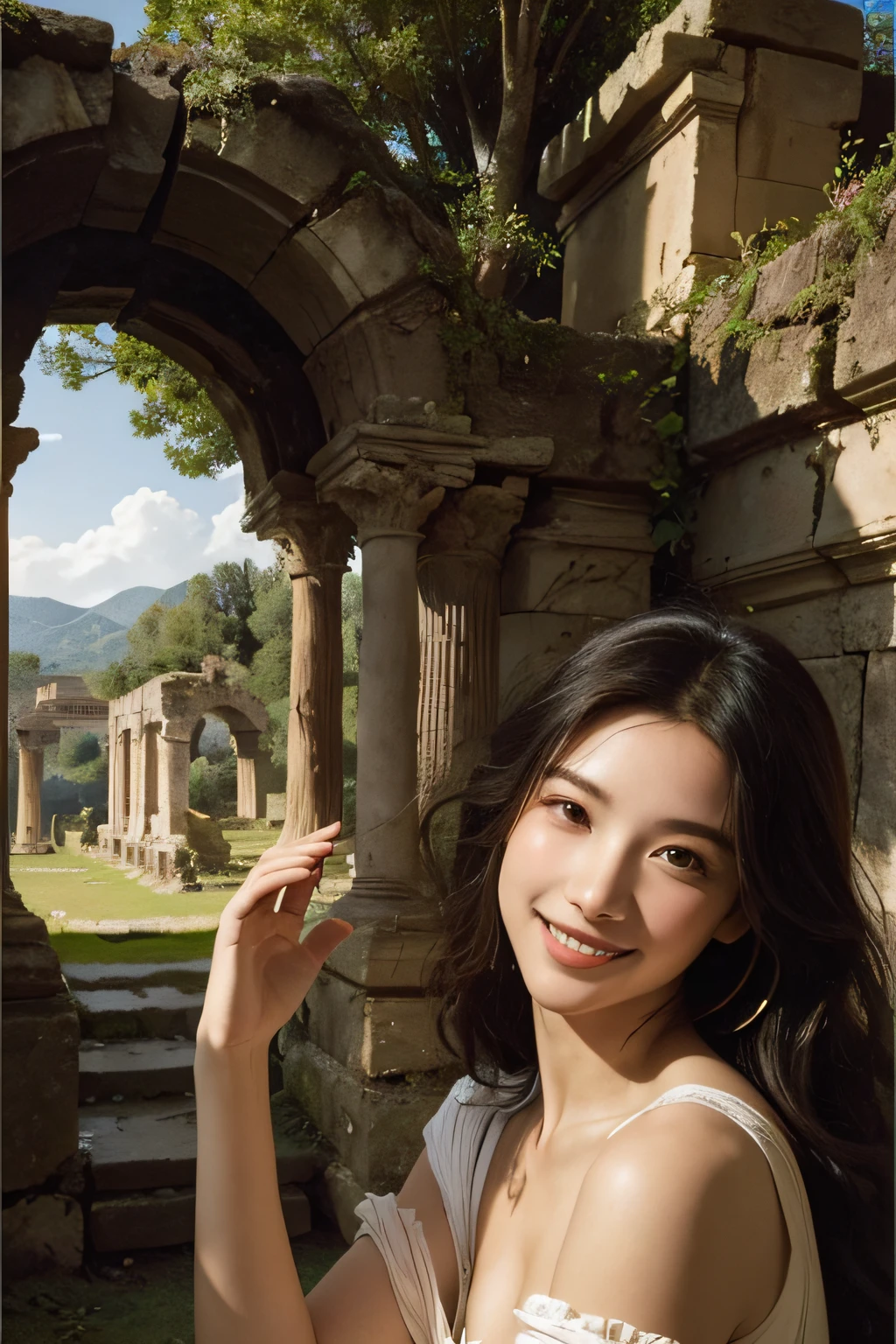 Ancient Roman ruins,Poussin-style landscape,A smile,,Sweet and seductive appearance.、Caravaggio's paintings、Chiaroscuro of Caravaggio、Hair disheveled in the wind,Two women frolicking,Cute smile, Expression of ecstasy,A sexy,erotick