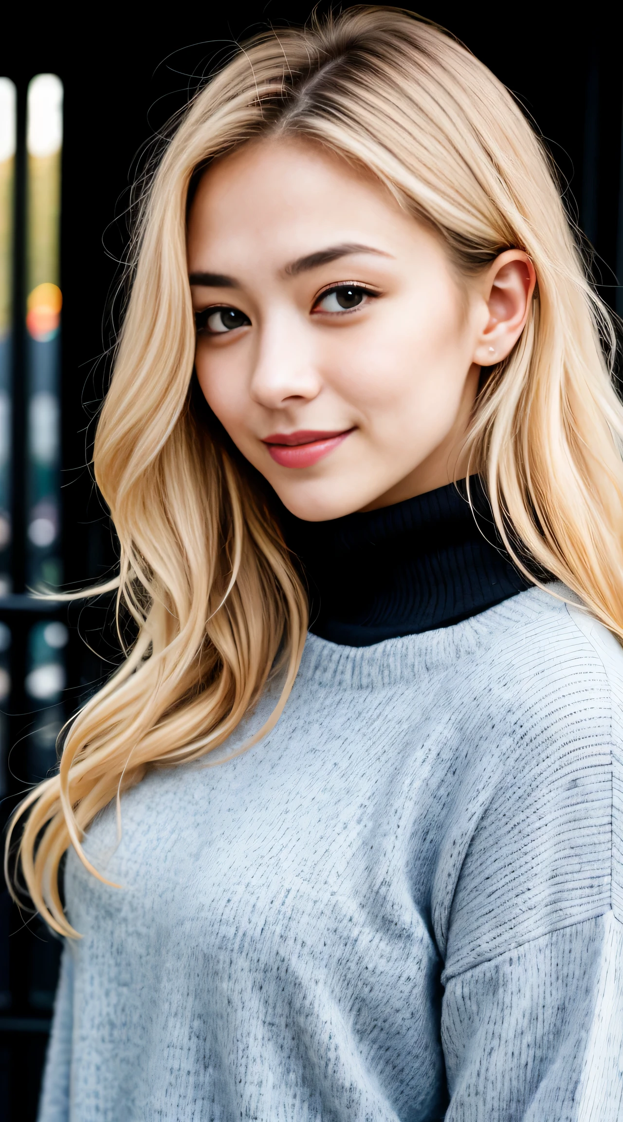 (Helena Lovista)美しい女性の見事なa picture, 24 year old, Perfect Fit Body, big Black eyes, long messy blond hair, Beautiful blonde with dark eyes in a purple sweater), Very detailed, 24 year oldの, Innocent face, Natural wavy hair, Black eyes, hight resolutionであり, masutepiece, Best Quality, Intricate details, Highly detailed, Sharp Focus, Detailed skin, Realistic, Texture, Detailed eyes, Professional, 4K, へにょへにょしたA smile, Perfect Fit Body, Extremely detailed, a picture_\(Ultras\), photoRealistic, Realistic, Post-processing, Maximum Detail, Roughness, Real life, Ultras Realistic, Photorealism, a picture化, 8K UHD, a picture化 ,Hair ribbons, agnes cecile, portlate, extremely luminous bright design, PastelColors, (inky:1.3), autumn lights, perfect eyes, Perfect iris,Perfect lips,perfect teeth、masterpiece, 最hightquality, hightquality, hight resolution、portlate、A smile
