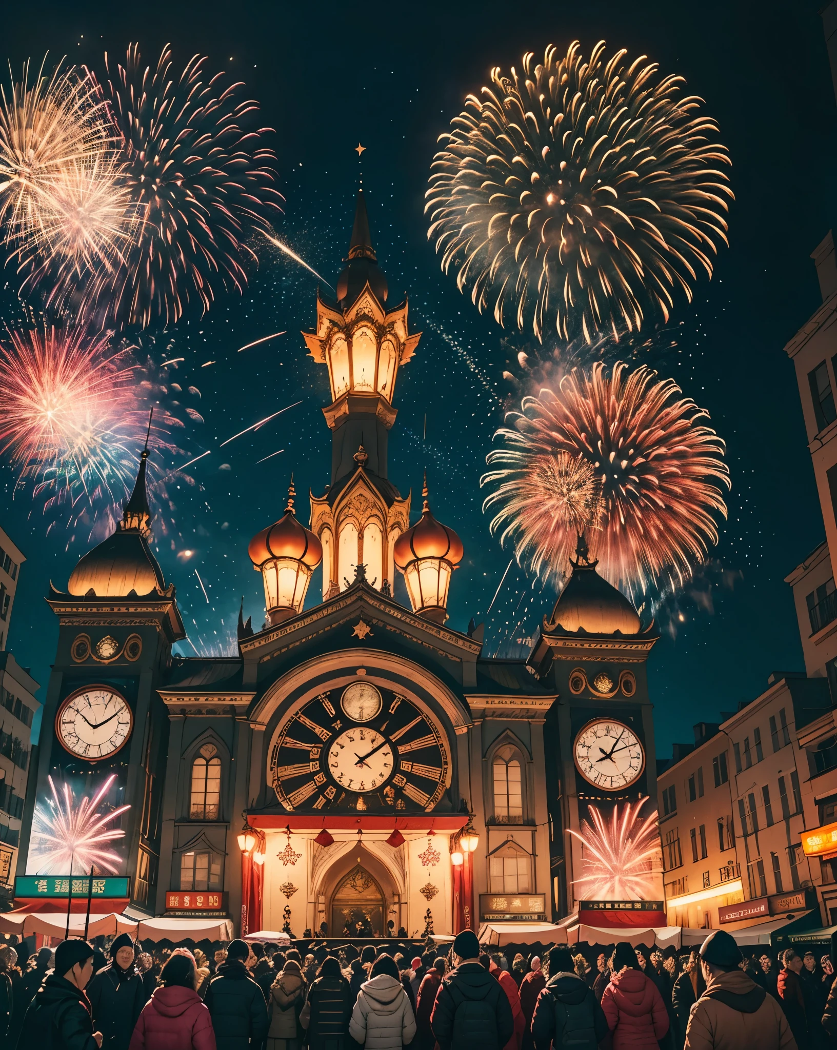 The screen background for a broad  landscape, high-rise buildings and the night scene of brilliant lights constitute a resplendent background. The sky was ablaze with gorgeous fireworks, dazzling sparks burst into a colorful light, illuminating the whole picture. In the center of the picture, you can see a celebratory square where people gather to laugh, wish and celebrate the arrival of New Year's Day. There are steaming stalls in the square where people buy snacks, drink hot tea or engage in various recreational activities. There is also a huge new year's day countdown clock on the square, the face of the clock shows the time remaining from New Year's Day. The clock was decorated with flowers and ribbons, adding to the festive atmosphere. The figures in the picture are lifelike. They are dressed in winter clothes. Some are holding hands with children. Some are holding fireworks. Some are celebrating by hugging each other. People's faces are filled with happiness and joy of the Smile, each other to pass a warm and blessing. The whole screen color bright bright, rich details, creating a festive, warm new year's day atmosphere. Through the description of realistic style, let the audience as if in a lively new year's day celebration scene, feel the joy of the festival and the warmth of reunion. --auto --s2