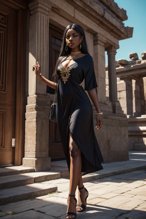 medusa, female, dark skin, antic dress, temple landscape