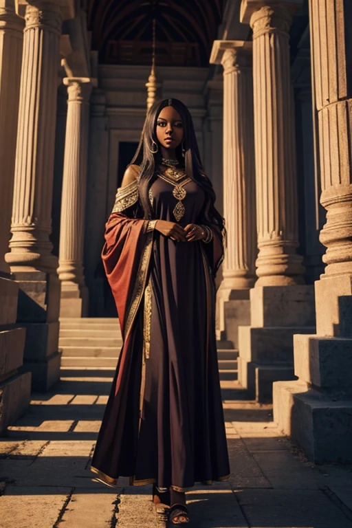 medusa, female, dark skin, antic dress, temple landscape