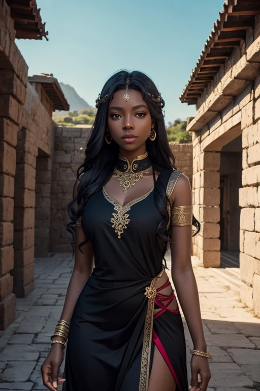 medusa, female, dark skin, antic dress, temple landscape
