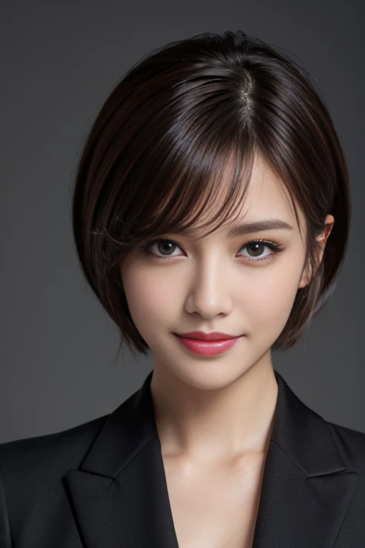 Best quality, realistically, ultra - detailed, detailed, A high resolution, solid color backdrop,8k wallpaper, 1 handsome woman,Short hair details, Wear a dark suit, lock focus, Perfect dynamic composition, beautidful eyes, Delicate hair, 细致realistically的皮肤纹理, Smiling, closeup portrait, Model body type