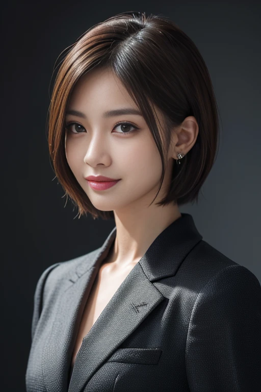 Best quality, realistically, ultra - detailed, detailed, A high resolution, solid color backdrop，8k wallpaper, 1 handsome woman,Short hair details,  Wear a dark suit, lock focus, Perfect dynamic composition, beautidful eyes, Delicate hair, 细致realistically的皮肤纹理, Smiling, closeup portrait, Model body type