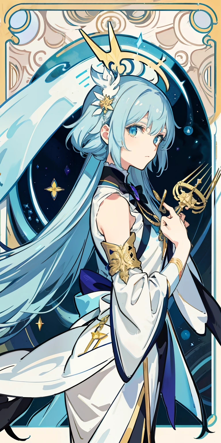 ((tmasterpiece:1.2,Best quality),独奏,magical girl,wands,Alphonse Mucha's:1.1,blue gradient hair,upper part of body,street frontage,Staring straight ahead,tarot cards:1.3,darkly,natta,sky sky,dark stormy clouds,As estrelas,galactic)