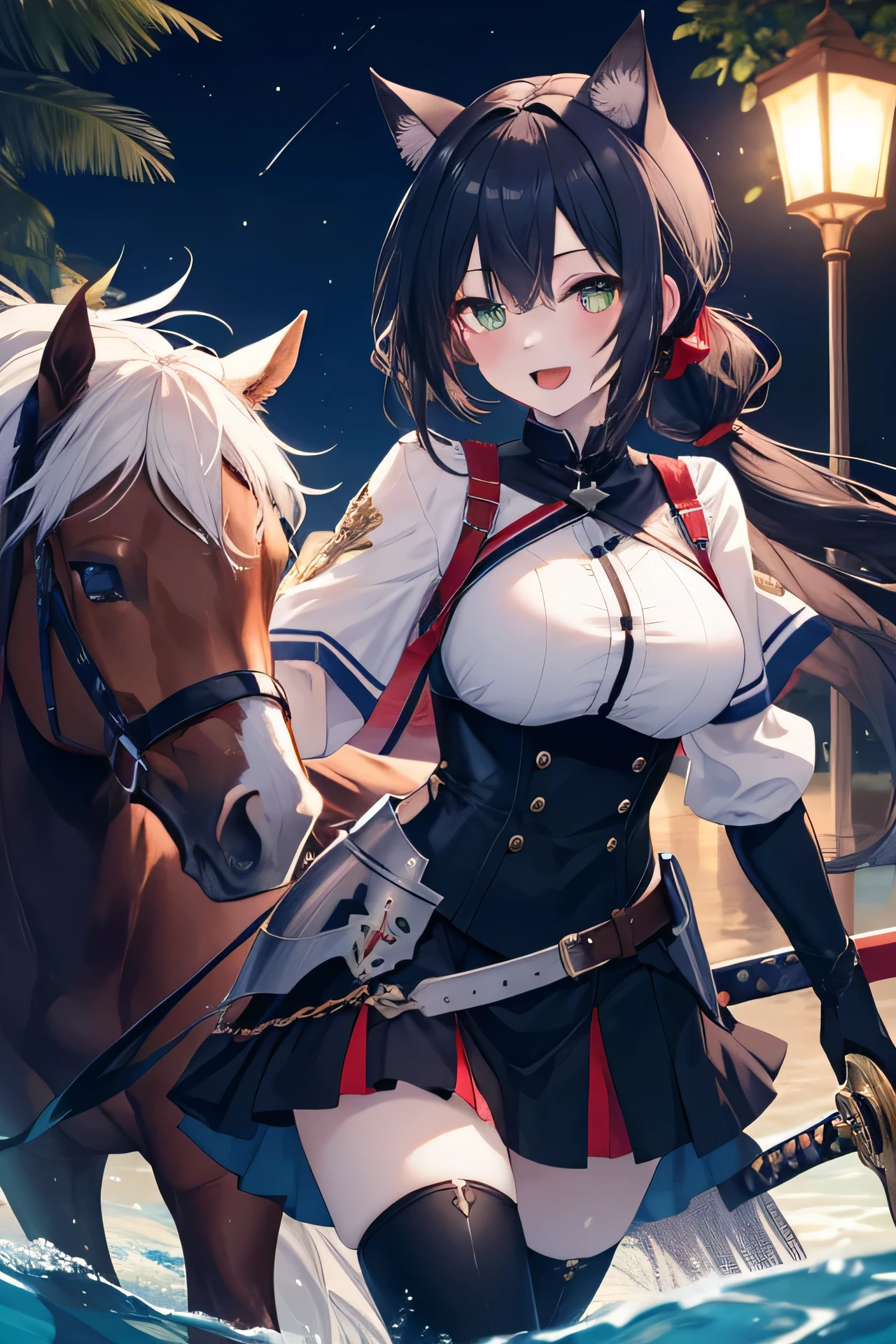 princess,ride a horse,traffic jam,tiara,blue eyes,black hair,long hair,blue and white dress