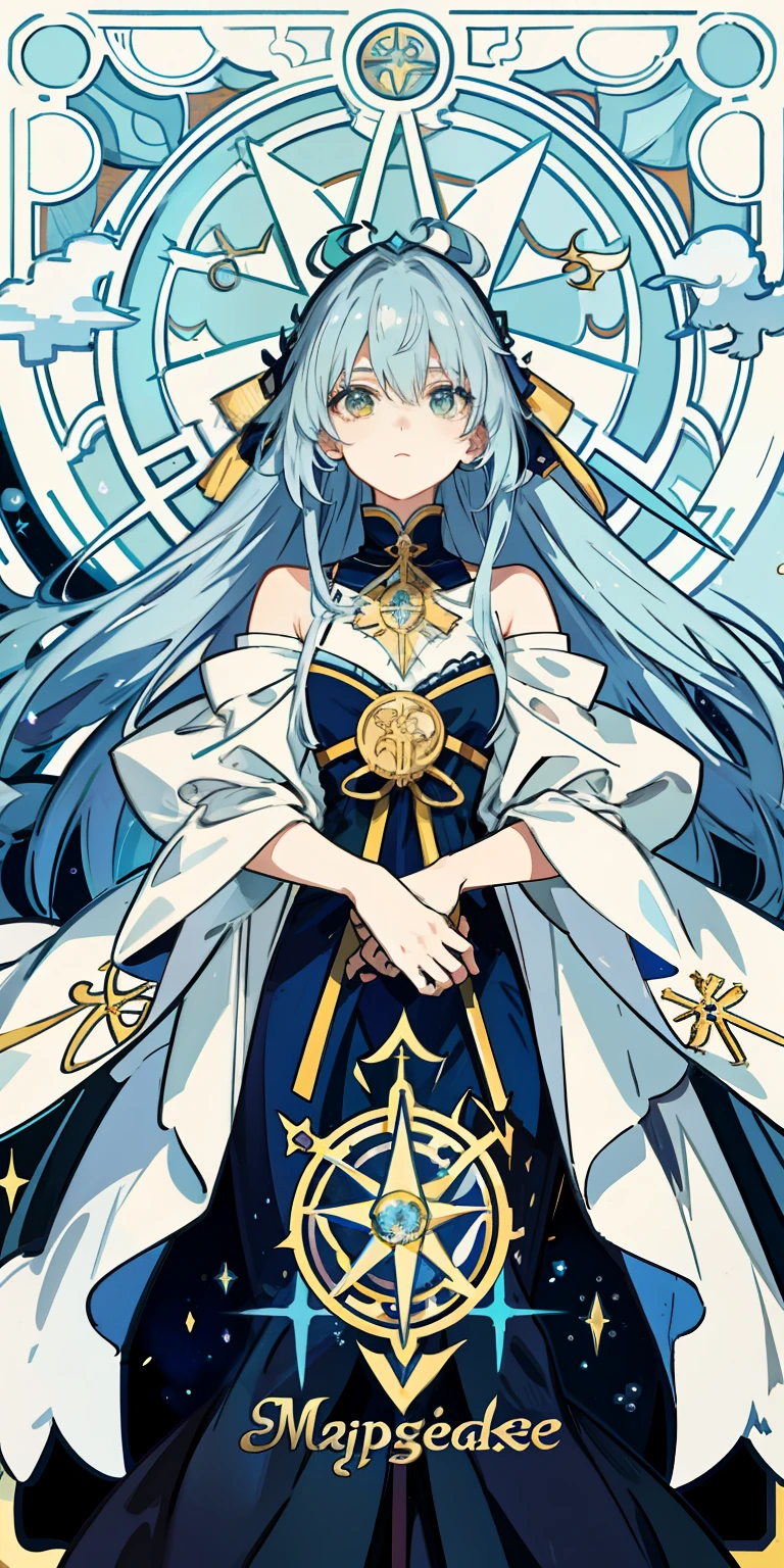 ((tmasterpiece:1.2,Best quality),独奏,magical little girl,wands,Alphonse Mucha's:1.1,blue gradient hair,upper part of body,street frontage,Staring straight ahead,tarot cards:1.3,darkly,natta,sky sky,dark stormy clouds,As estrelas,galactic)