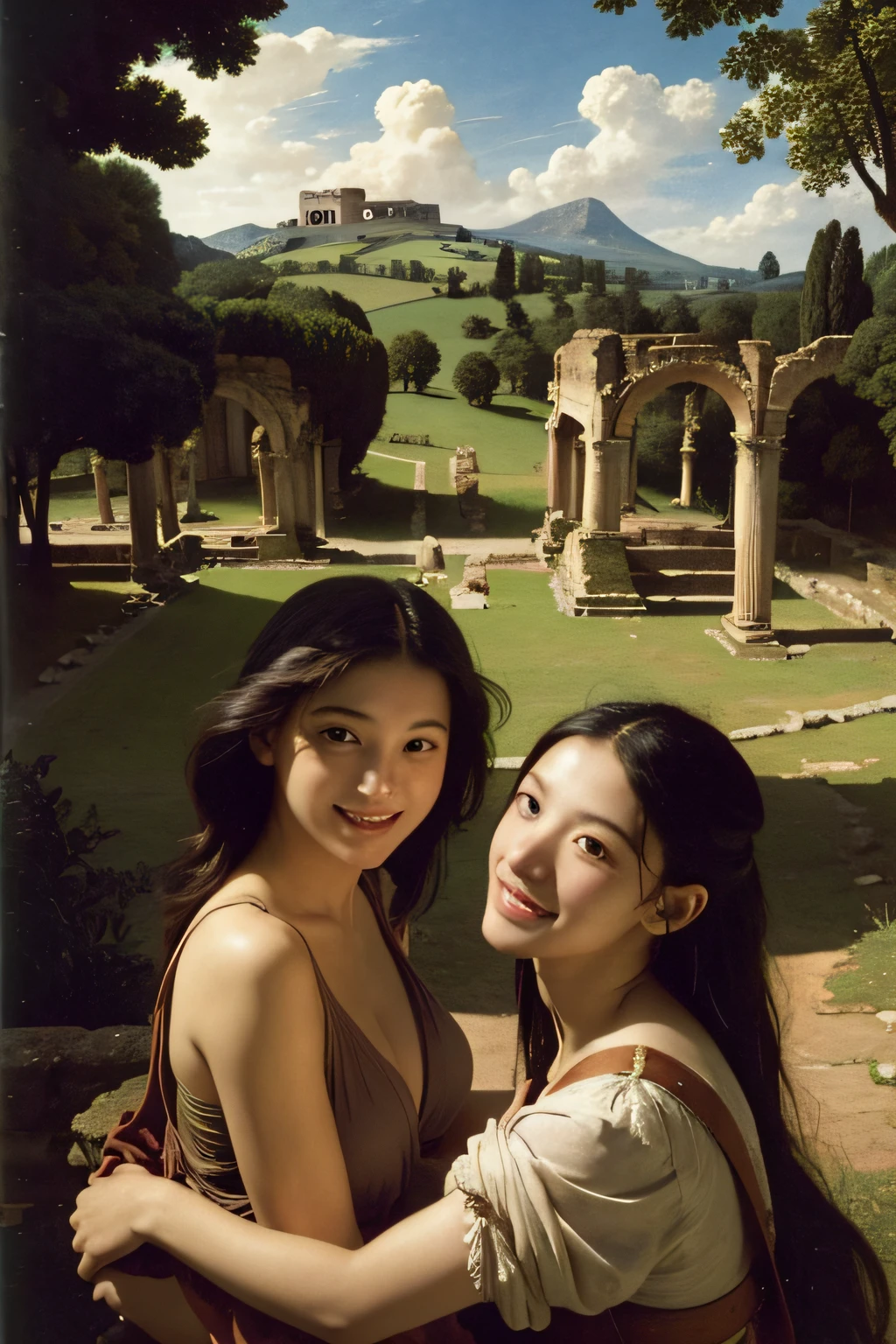 Ancient Roman ruins,Poussin-style landscape,A smile,,Sweet and seductive appearance.、Caravaggio's paintings、Chiaroscuro of Caravaggio、Hair disheveled in the wind,Two women frolicking,Cute smile, Expression of ecstasy,A sexy,erotick
