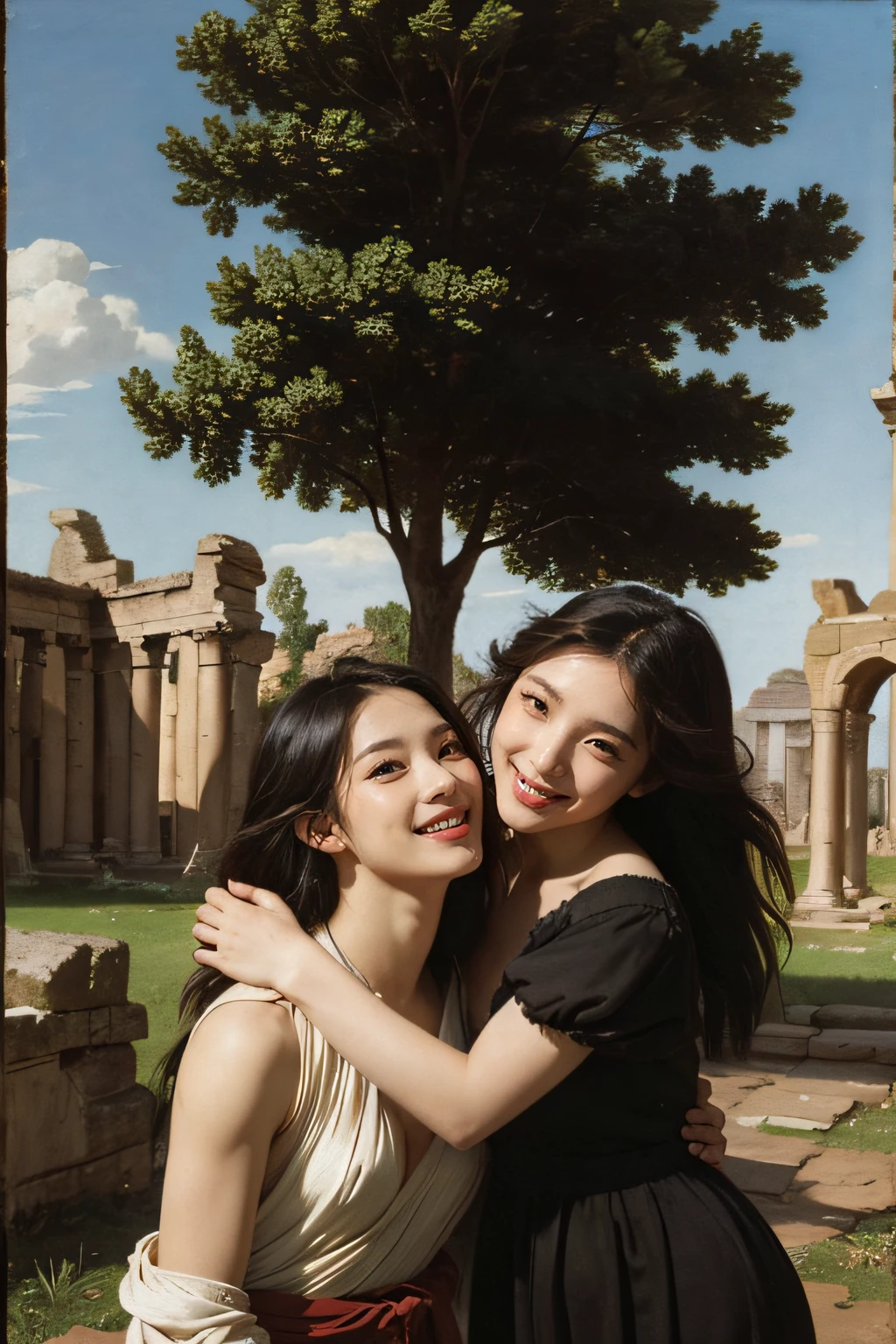 Ancient Roman ruins,Poussin-style landscape,A smile,,Sweet and seductive appearance.、Caravaggio's paintings、Chiaroscuro of Caravaggio、Hair disheveled in the wind,Two women frolicking,Cute smile, Expression of ecstasy,A sexy,erotick