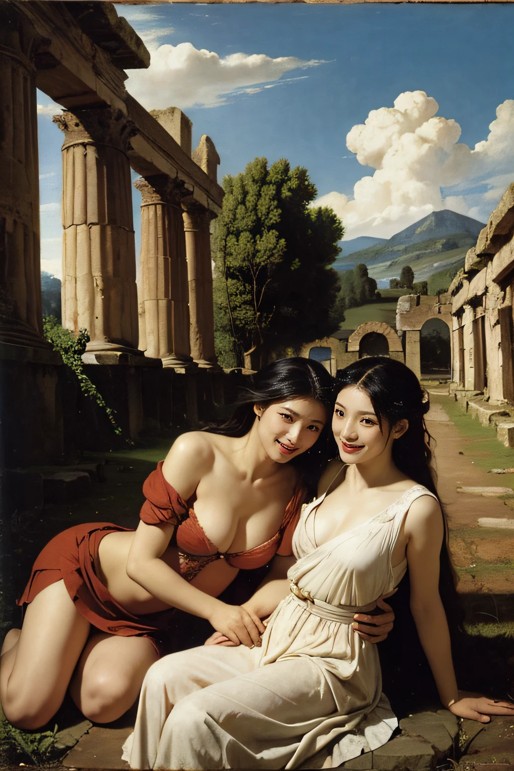 Ancient Roman ruins,Poussin-style landscape,A smile,,Sweet and seductive appearance.、Caravaggio's paintings、Chiaroscuro of Caravaggio、Hair disheveled in the wind,Two women frolicking,Cute smile, Expression of ecstasy,A sexy,erotick