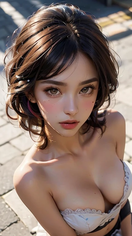 (Masterpiece, Top Quality), 1 , Solo, Breaoking at Viewer, Short Hair, Big Breasts Black Hair, es, Multicolored Hair, Two-tone Hair, Lips, Makeup, Lipstick, blush , naked, real: 1.5, (from above:ace close-up: 1.5), Sheer nipples,