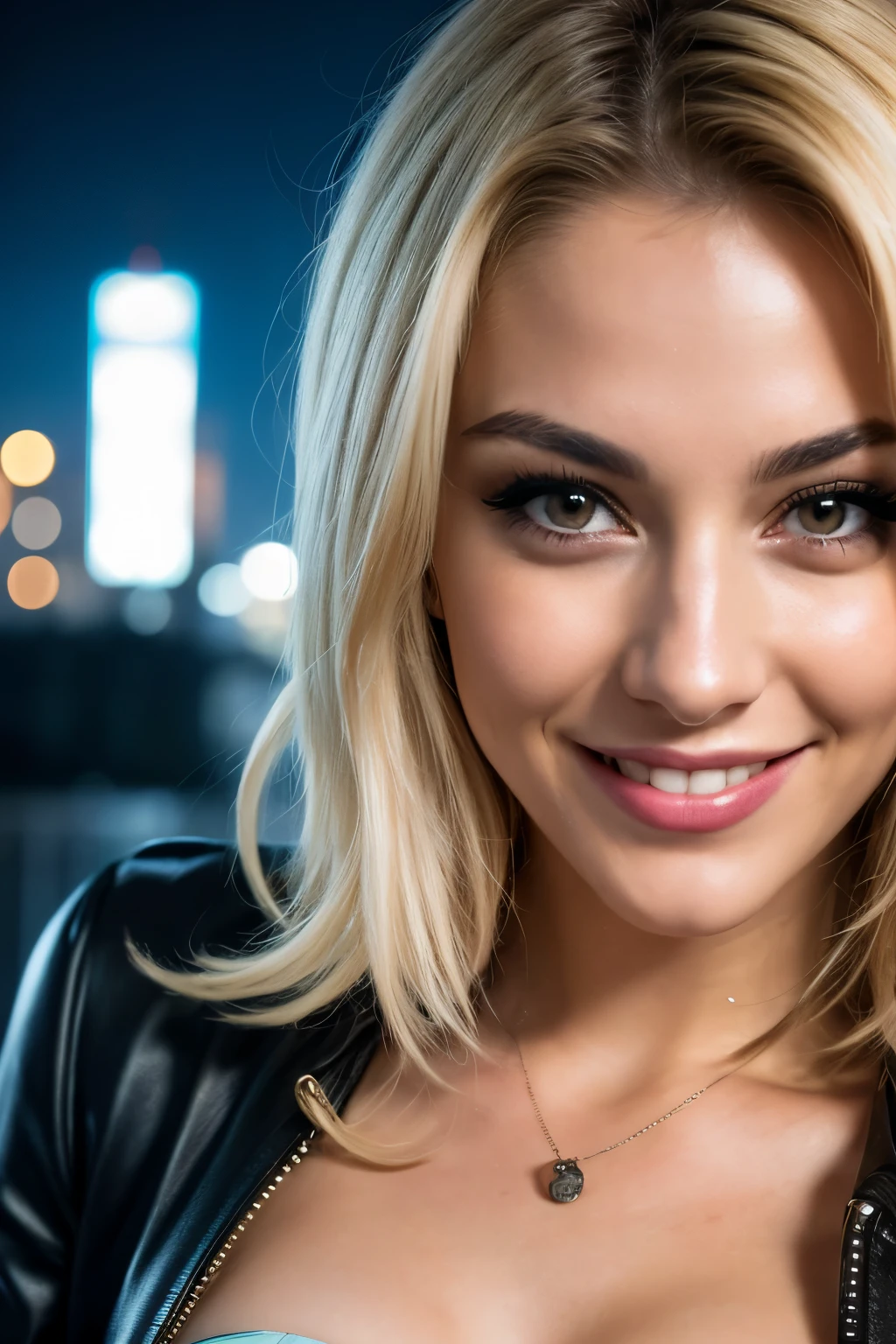 1 woman, close up, smile, cyberpunk, night city, leotard, jacket, close up, smirk, happy, badass, sexy, zoomed on face, wallpaper, club, skimpy, see though, breasts,blond hair