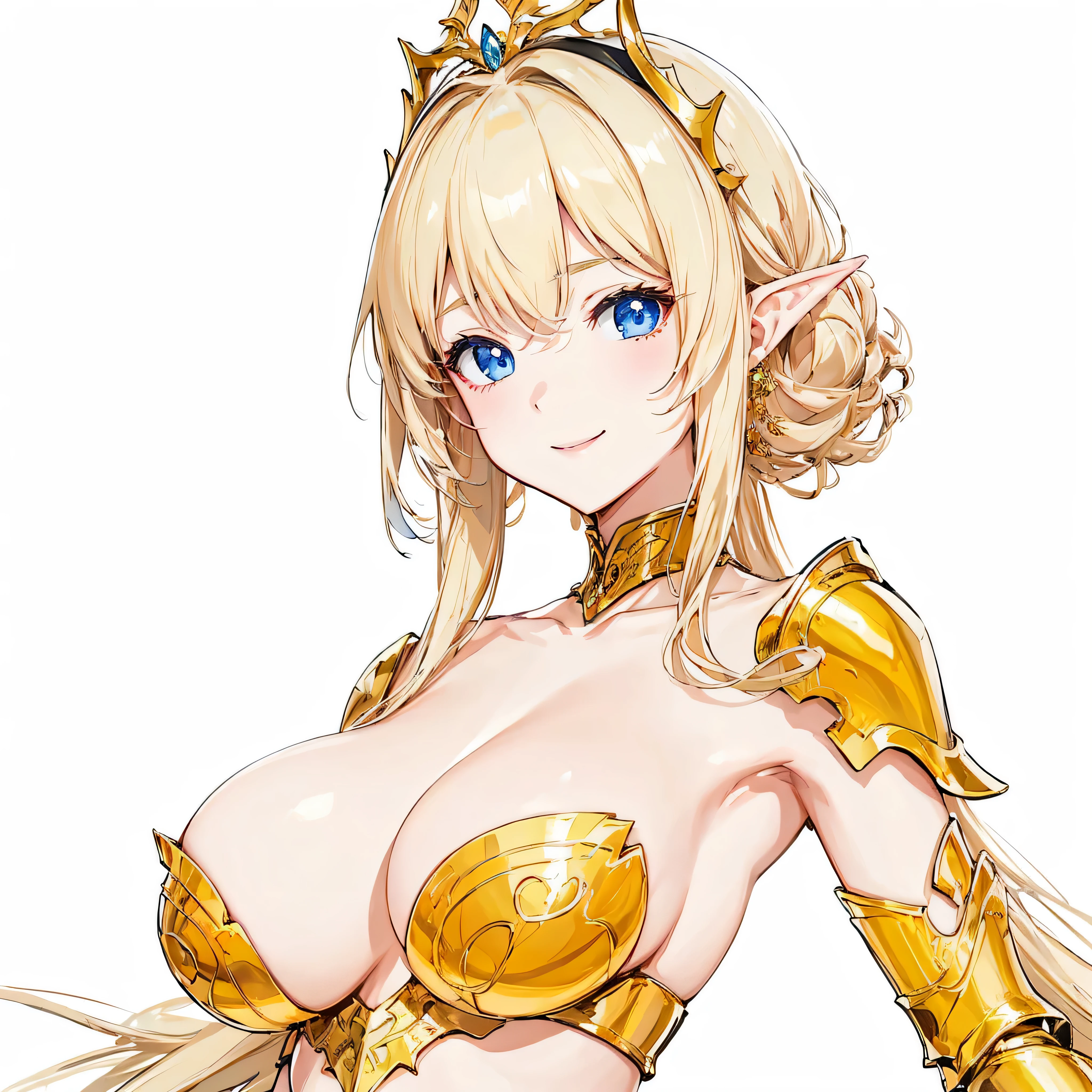 masterpiece、top-quality、ighly detailed、hight resolution、16k、fullnude、teats、Teetoob proportions、golden armour、Very thin skirt、Black pants、Very white skin、Beautiful fingers、Anime girl with very posing naked、Perfeyle、elvish、no-bra、Blonde blue-eyed、A smile、elvishの女の子、slim the contours