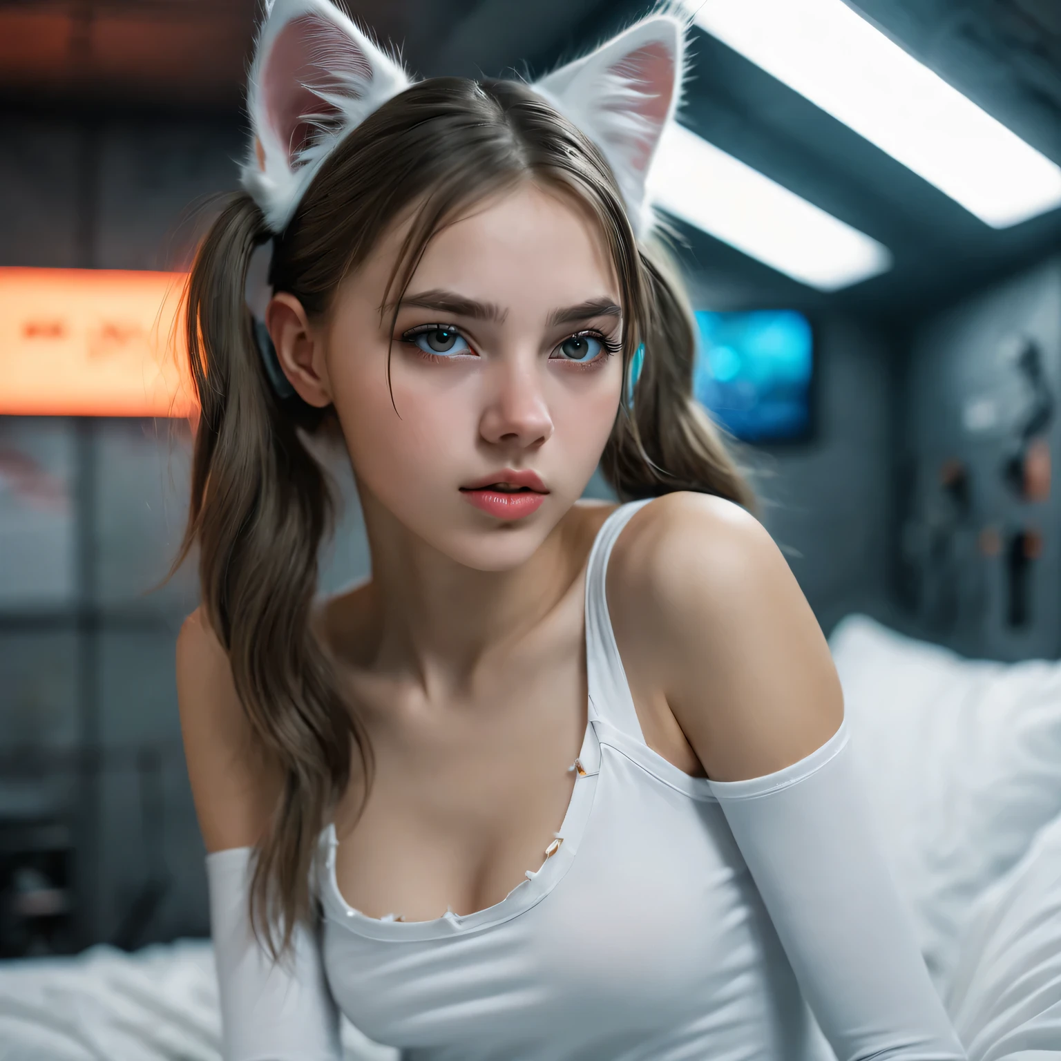 White girl,  sitting on a bed,  in a cyberpunk steel bunker with hatches etc.,  in the background. she is wearing white cats ears. She has twintail hairstyle. ************ girl,  slim petite,  small girl,  beautiful breasts. Masterpiece,  8k,  4k,  high resolution,  dslr,  ultra quality,  sharp focus,  tack sharp,  dof,  film grain,  Fujifilm XT3,  crystal clear,  8K UHD,  beautiful eyes with very large Dilated pupils,  high detailed skin,  skin pores,  seductive,   look,  bewitching lady with beautiful long hair,   full lips,  long legs,  lovely face wearing torn vaultsuit clothes. , realistic colors, realistic, photorealistic