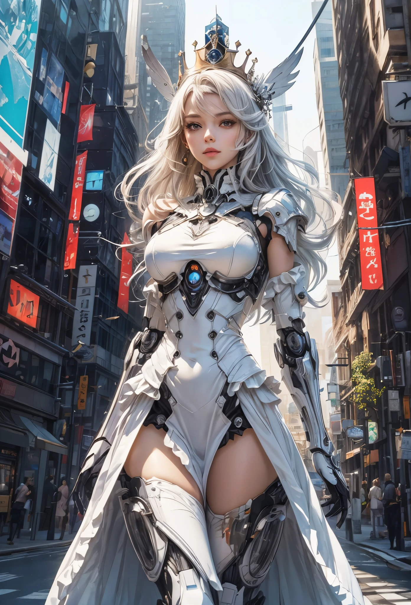 (Detailed illustrations,Very detailed and detailed drawing,Delicate lines with slow and rapid,Realistic texture expression),[Color tressed main line],[Modern city skyscrapers background],(ANIME)(A white GIANTROBOTGirl towering over the building area (SKINNY[SLENDER])),[AUTOMATON](A painstaking face like a sculpture[ROBOTFACE[Eyes like jewels that emit blue-white light]])[[Titanium internal skeleton](Delicate thin fingers) (MACHINEKNIGHT)],((Elegant exterior with many curved surfaces [smooth body surface]) (large crown [[large raised shoulder pad]](Ruffle Petticoat)))[It is called the princess lily of white porcelain],[[TITANWEAPON]] Mecha Body Metal Skin [Cable running down the body surface [gear wheel]],[Platinum coating],[Science Fiction Mechanical [Steampunk]],([beautiful and artistic decoration] [Dense detail [White lily pattern]])[Transparency],(detaileds,high-detail),[[long and beautiful eyelashes]Perfect and beautiful face],[Meticulously drawn hair [美しく艷やかな髪のdetaileds]],(完璧な手のdetaileds [Beautiful fingers without breakdowns [Beautiful nails]]),(Perfect Anatomy(Perfectly proportioned))[[Full body like]],[Ideal color coordination(Accurate simulation of light-material interactions)],([Precision Detail](detaileds,high-detail)),(Huge feeling [Total length 40 meters])[Visual art that conveys a sense of narrative].