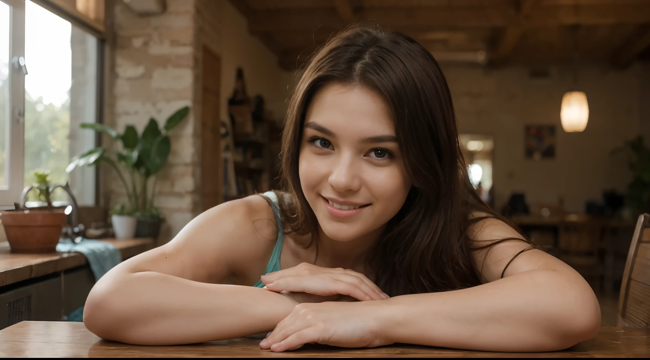 "(((Girl))) sitting on a table, laptop in front of her, smiling, looking at the camera. The girl has brown eyes, dark brown hair. The setting is indoor, with a realistic photographic style. The camera shot is a close-up with a (((50mm lens))). The lighting should be natural, with soft light coming from the side, sitting at the right side of image. The background includes elements suitable for a  thumbnail. Resolution should be (((4K))) for a highly detailed image suitable for a professional thumbnail."