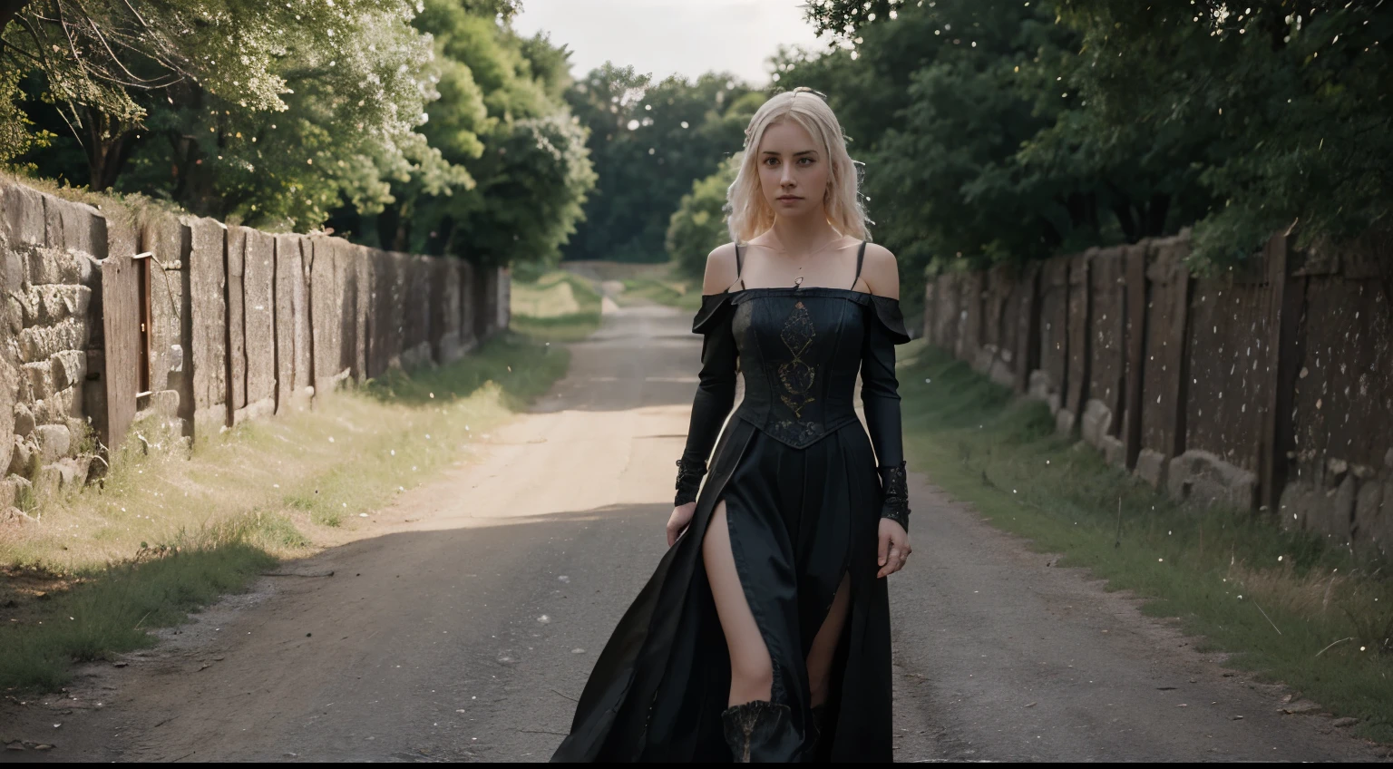A young woman with fair skin and short, wavy, platinum blonde hair stands on a road wearing a medieval dress. The dress is form-fitting, made of fine fabric in dark hues, displaying a classic RPG style. Her arms are bare, and she faces forward with a neutral expression. Resembling a character from Baldur's Gate 3, she embodies a medieval, RPG, and fantasy aesthetic. The scene is set in an open field, depicted in a realistic art style.