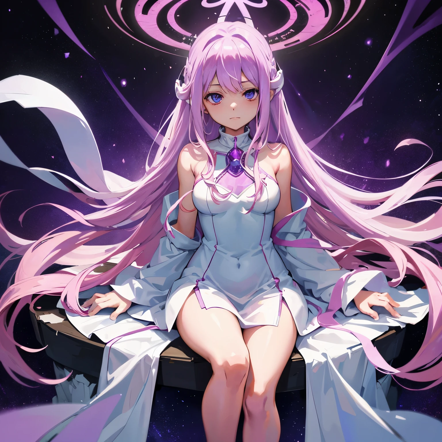 cosmic background sitting in a throne woman in white dress with long purple hair, humanoid pink female squid girl, full body white purple cloak, 『Digimon』Angeumon, flowing white robes, Madoka Kaname, codeGeass, visual novel sprite, purple eyes and white dress, rei hino as a princess, Nico in white dress, グラマラスなアンジュウーマンDigimon, anime goddess