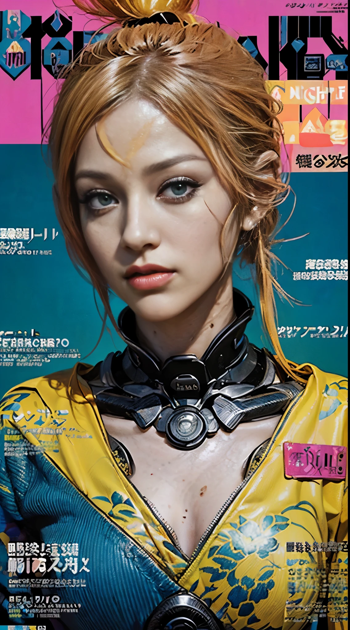 Flowing_contour biomechanical__cybernetic_airbrush___Strange__(((Japanese Harajuku style Fashion_((((Magazine_cover), bright colors)))__art_decor_Border)))__porcelain_and_Platinum / Futuristic Cyberpunk woman with porcelain skin, (cybernetic implants.)