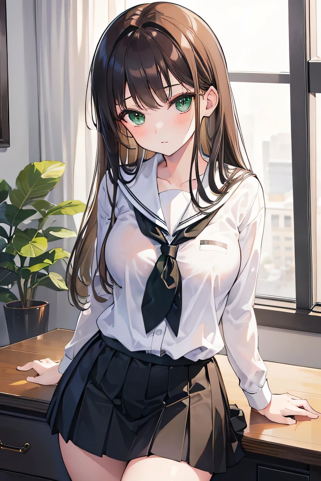 1girl, high res, ultrasharp, 8K, masterpiece, brown haired, green eyes, sexy, school uniform, leaning on desk, seductive, side bang, black skirt, c;assroom, standing