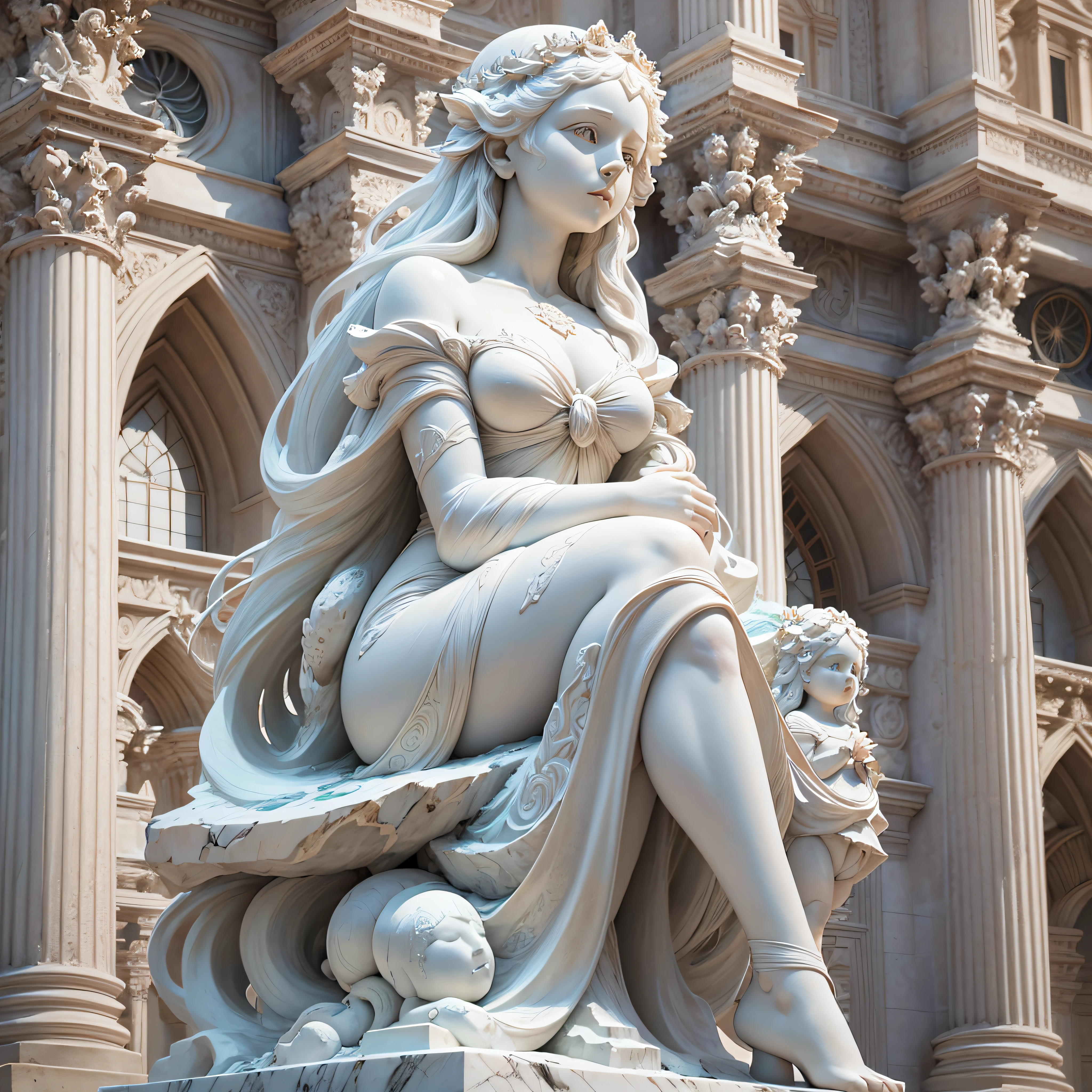 A white sculpture of cute girl, marble, by Gian Lorenzo Bernini, side facing, hyper realistic, 8k resolution, macro detail, extremely beautiful, architectural background --auto --s2
