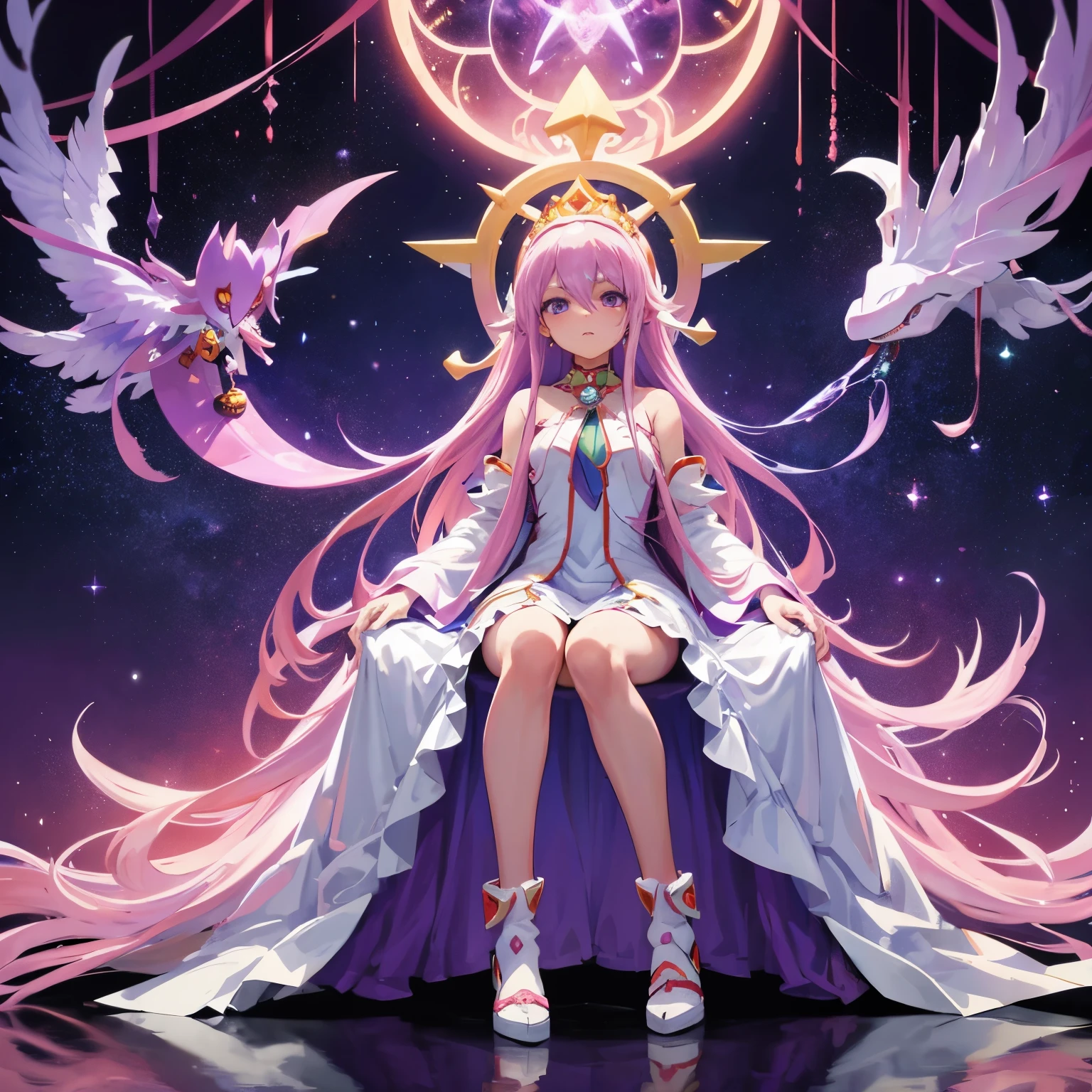 cosmic background sitting in a throne woman in white dress with long purple hair, humanoid pink female squid girl, full body white purple cloak, 『Digimon』Angeumon, flowing white robes, Madoka Kaname, codeGeass, visual novel sprite, purple eyes and white dress, rei hino as a princess, Nico in white dress, グラマラスなアンジュウーマンDigimon, anime goddess