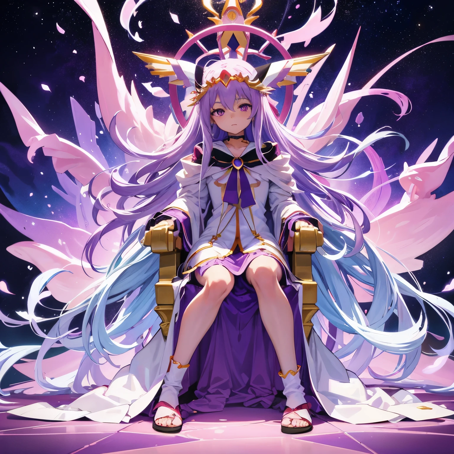 cosmic background　sitting in a throne　woman in white dress with long purple hair, humanoid pink female squid girl, full body white purple cloak, 『Digimon』Angeumon, flowing white robes, Madoka Kaname, codeGeass, visual novel sprite, purple eyes and white dress, rei hino as a princess, Nico in white dress, グラマラスなアンジュウーマンDigimon, anime goddess