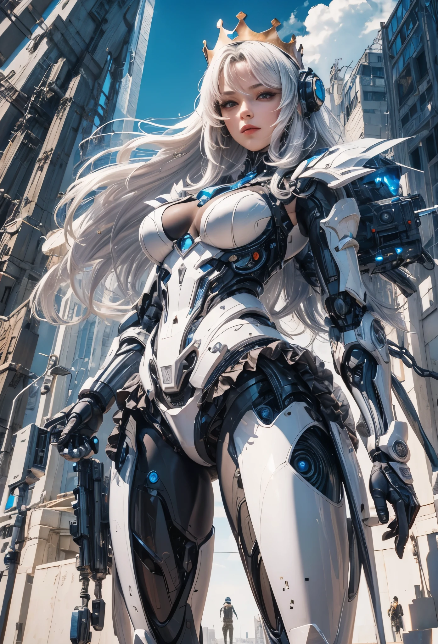 (Detailed illustrations,Very detailed and detailed drawing,Delicate lines with slow and rapid,Realistic texture expression),[Color tressed main line],[Modern city skyscrapers background],(ANIME)(A white GIANTROBOTGirl towering over the building area (SKINNY[SLENDER])),[AUTOMATON](A painstaking face like a sculpture[ROBOTFACE[Eyes like jewels that emit blue-white light]])[[Titanium internal skeleton](Delicate thin fingers) (MACHINEKNIGHT)],((Elegant exterior with many curved surfaces [smooth body surface]) (large crown [[large raised shoulder pad]](Ruffle Petticoat)))[It is called the princess lily of white porcelain],[[TITANWEAPON]] Mecha Body Metal Skin [Cable running down the body surface [gear wheel]],[Platinum coating],[Science Fiction Mechanical [Steampunk]],([beautiful and artistic decoration] [Dense detail [White lily pattern]])[Transparency],(detaileds,high-detail),[[long and beautiful eyelashes]Perfect and beautiful face],[Meticulously drawn hair [美しく艷やかな髪のdetaileds]],(完璧な手のdetaileds [Beautiful fingers without breakdowns [Beautiful nails]]),(Perfect Anatomy(Perfectly proportioned))[[Full body like]],[Ideal color coordination(Accurate simulation of light-material interactions)],([Precision Detail](detaileds,high-detail)),(Huge feeling [Total length 40 meters])[Visual art that conveys a sense of narrative].