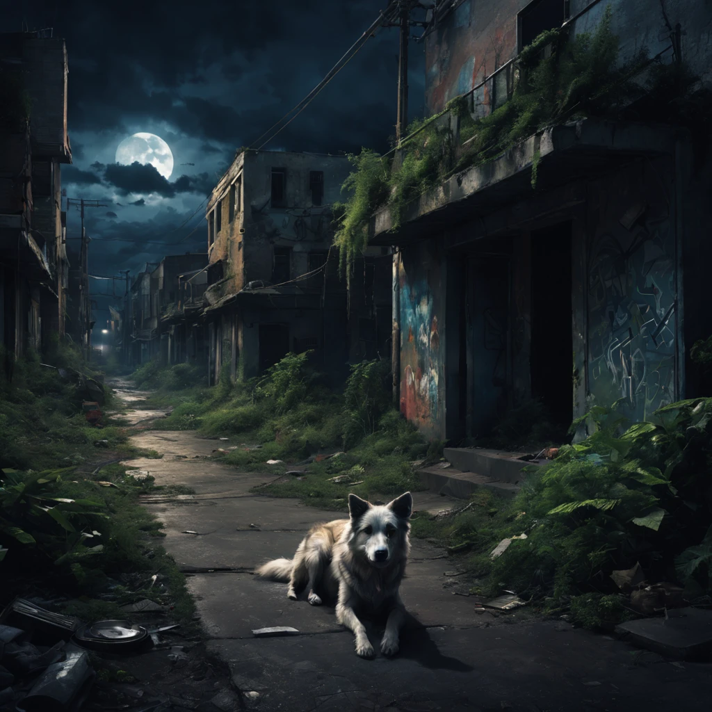 Abandoned city night view,Desolate atmosphere,Night view,Abandoned buildings,Dilapidated streets,A stray dog is looking for food,faded graffiti,Ominous darkness,overgrown vegetation,Post-apocalyptic feelinelancholic color palette,dramatic contrast,intense shading,clouds under moonlight,surreal atmosphere,Dystopian background,frotting,A sky full of starest quality,4k,8k,highres,masterpiece:1.2,ultra-detailed,realistic:1.37,
