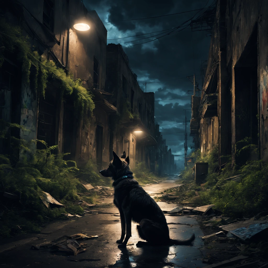 Abandoned city night view，Desolate atmosphere，Night view，Abandoned buildings，Dilapidated streets，A stray dog is looking for food，faded graffiti，Ominous darkness，overgrown vegetation，Post-apocalyptic feelinelancholic color palette，dramatic contrast，intense shading，clouds under moonlight，surreal atmosphere，Dystopian background，frotting，A sky full of starest quality,4k,8k,highres,masterpiece:1.2,ultra-detailed,realistic:1.37,