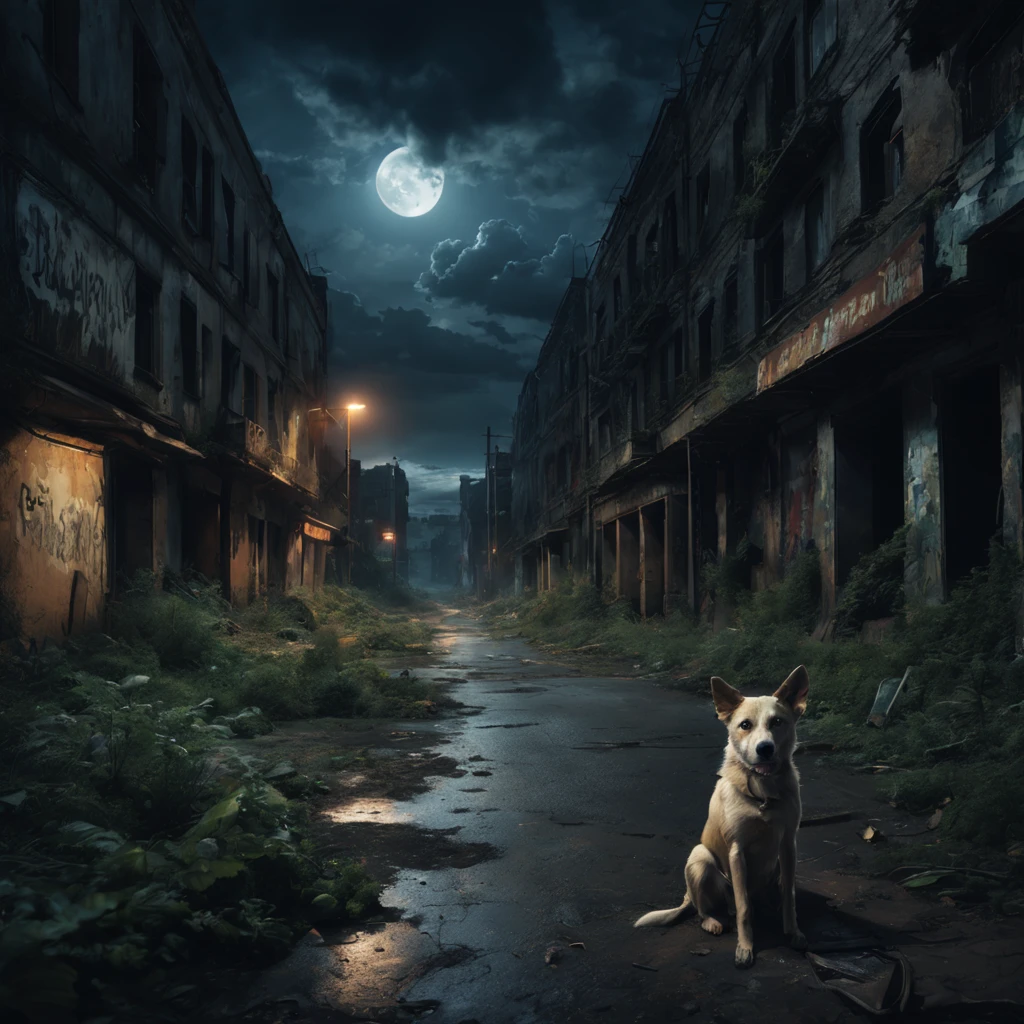 Abandoned city night view,Desolate atmosphere,Night view,Abandoned buildings,Dilapidated streets,A stray dog is looking for food,faded graffiti,Ominous darkness,overgrown vegetation,Post-apocalyptic feelinelancholic color palette,dramatic contrast,intense shading,clouds under moonlight,surreal atmosphere,Dystopian background,frotting,A sky full of starest quality,4k,8k,highres,masterpiece:1.2,ultra-detailed,realistic:1.37,