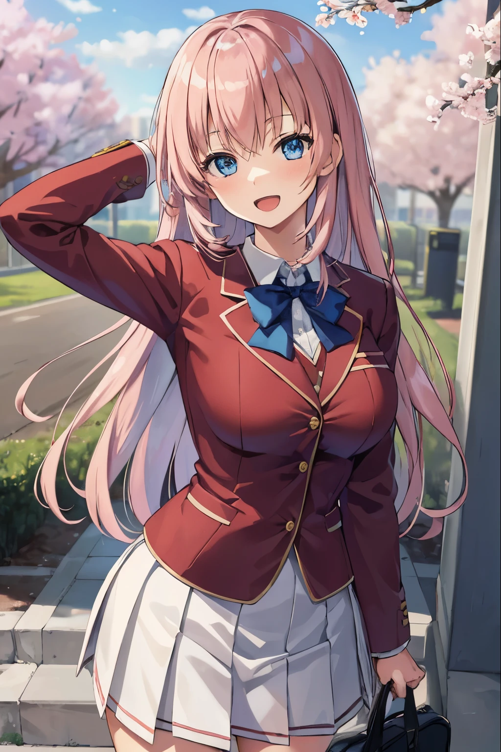 Ichinose Honami, long hair, pink hair, blue eyes, NSFW, school uniform, blue bowtie, blazer, red jacket, long sleeves, pleated skirt, white skirt, BREAK looking at viewer, close-up, 
BREAK indoors, classroom,
BREAK (masterpiece:1.2), best quality, high resolution, unity 8k wallpaper, (illustration:0.8), (beautiful detailed eyes:1.6), extremely detailed face, perfect lighting, extremely detailed CG, (perfect hands, perfect )