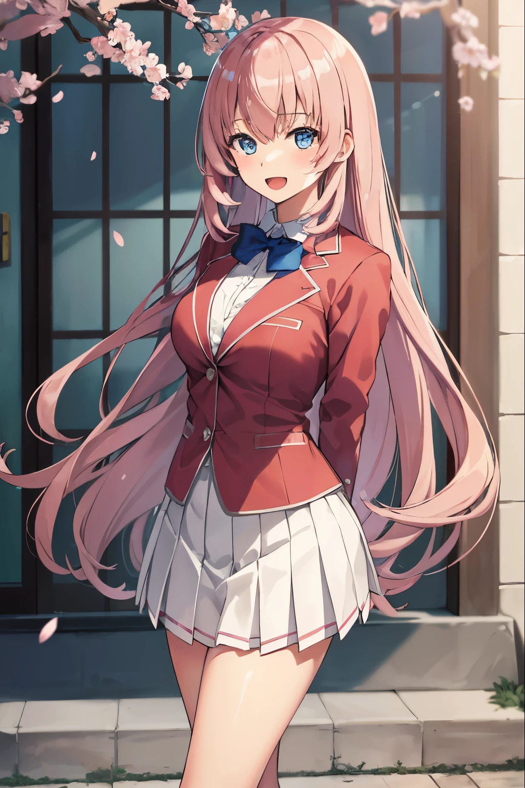 Ichinose Honami, long hair, pink hair, blue eyes, NSFW, school uniform, blue bowtie, blazer, red jacket, long sleeves, pleated skirt, white skirt, BREAK looking at viewer, close-up, 
BREAK indoors, classroom,
BREAK (masterpiece:1.2), best quality, high resolution, unity 8k wallpaper, (illustration:0.8), (beautiful detailed eyes:1.6), extremely detailed face, perfect lighting, extremely detailed CG, (perfect hands, perfect )