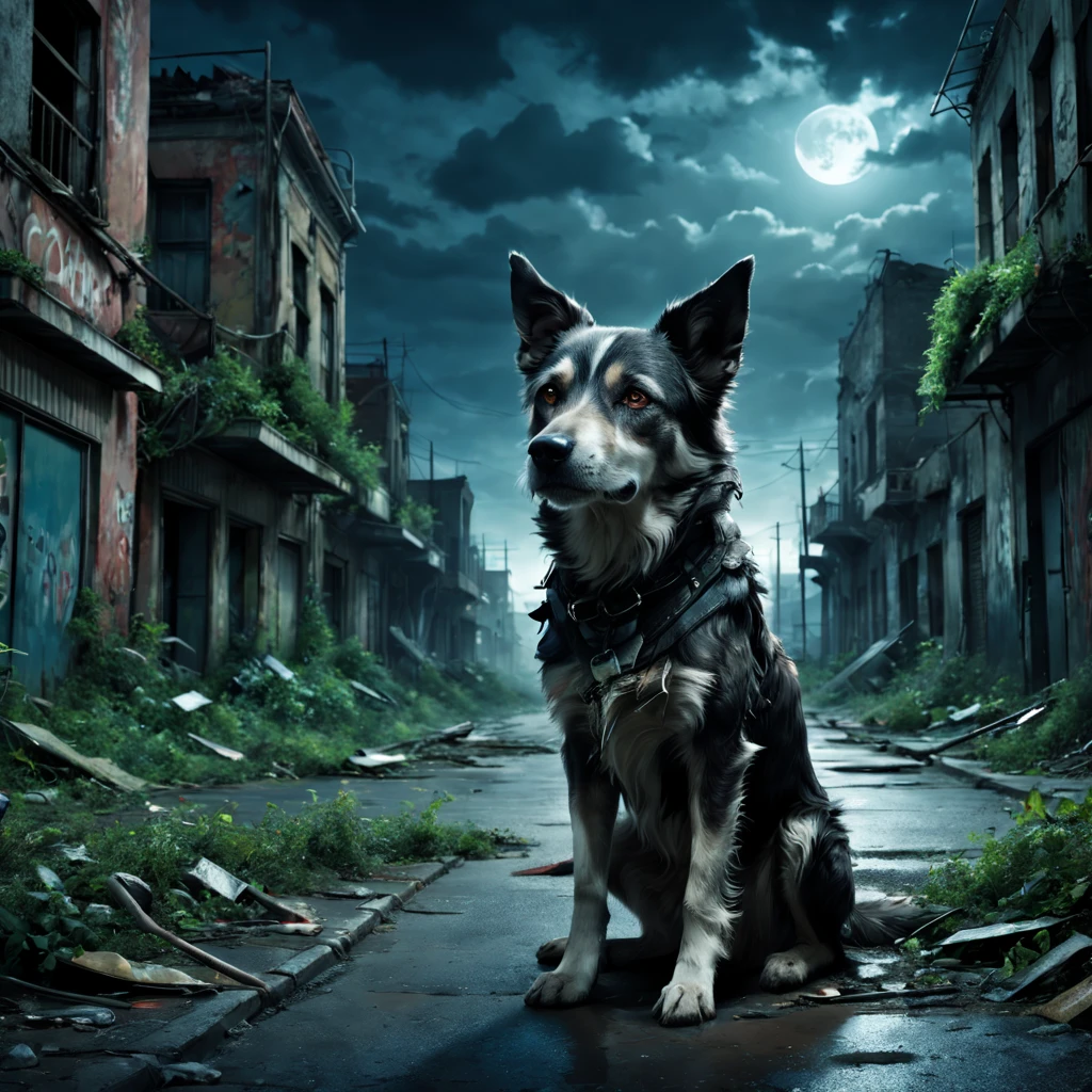 Abandoned city night view,Desolate atmosphere,Night view,Abandoned buildings,Dilapidated streets,A stray dog is looking for food,faded graffiti,Ominous darkness,overgrown vegetation,Post-apocalyptic feelinelancholic color palette,dramatic contrast,intense shading,clouds under moonlight,surreal atmosphere,Dystopian background,frotting,A sky full of starest quality,4k,8k,highres,masterpiece:1.2,ultra-detailed,realistic:1.37,