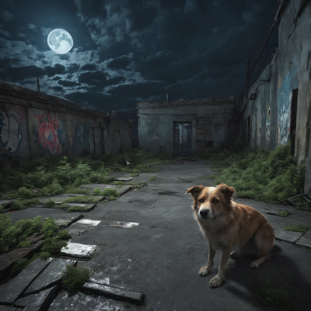 Abandoned city night view，Desolate atmosphere，Night view，Abandoned buildings，Dilapidated streets，A stray dog is looking for food，faded graffiti，Ominous darkness，overgrown vegetation，Post-apocalyptic feelinelancholic color palette，dramatic contrast，intense shading，clouds under moonlight，surreal atmosphere，Dystopian background，frotting，A sky full of starest quality,4k,8k,highres,masterpiece:1.2,ultra-detailed,realistic:1.37,